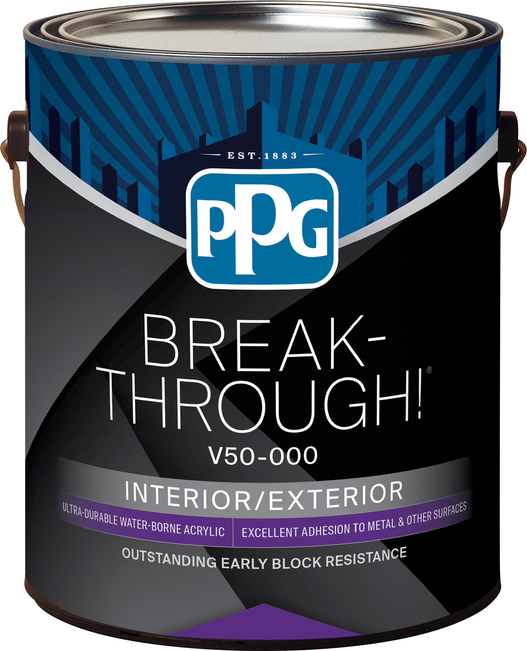 Close-up of a paint can with a label that promotes high-quality interior and exterior paint, including features like durability, water-borne acrylic, and early block resistance, with the brand established in 1883.