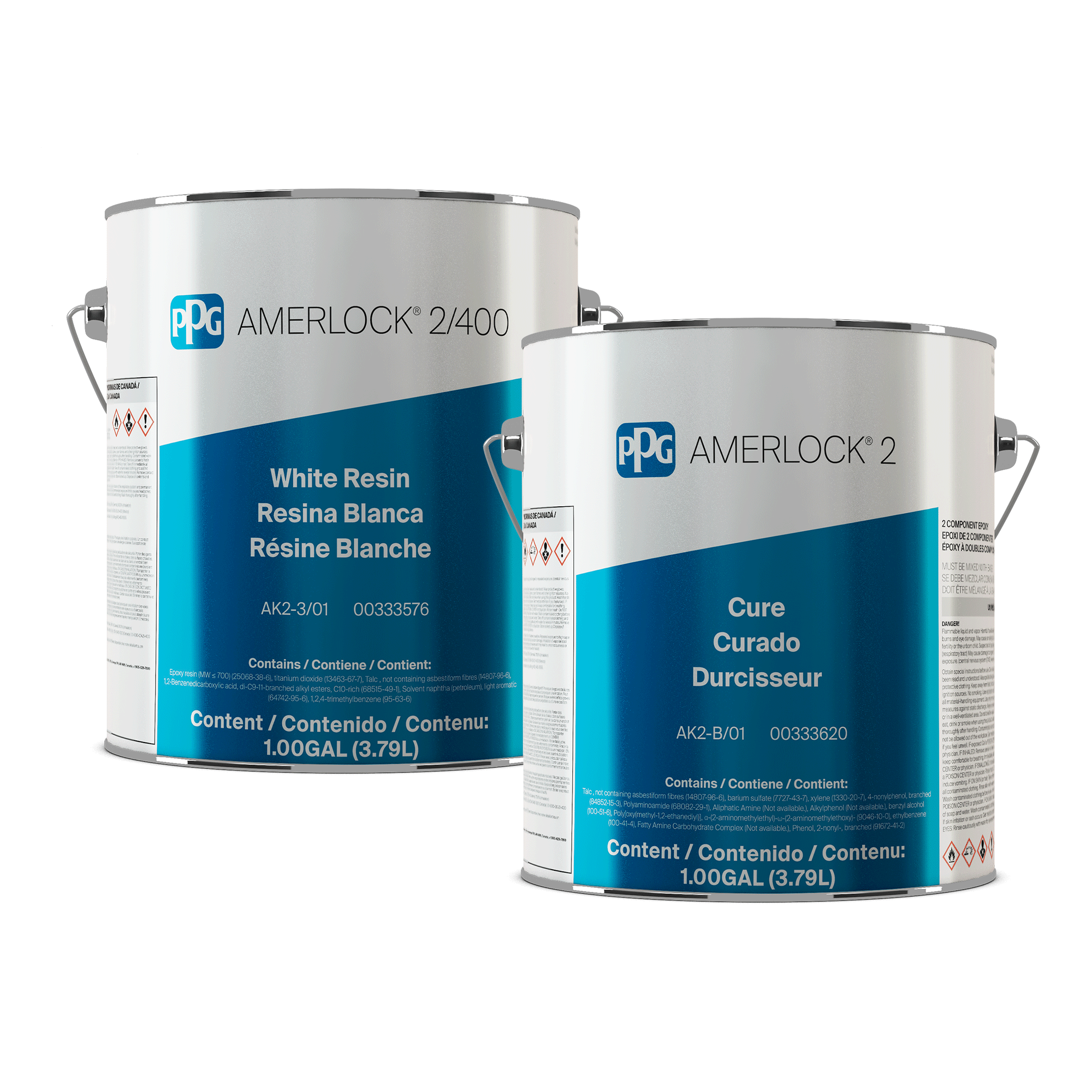 Two cans of PPG Amerlock white epoxy resin with blue and white labels, showing product information and hazard symbols.