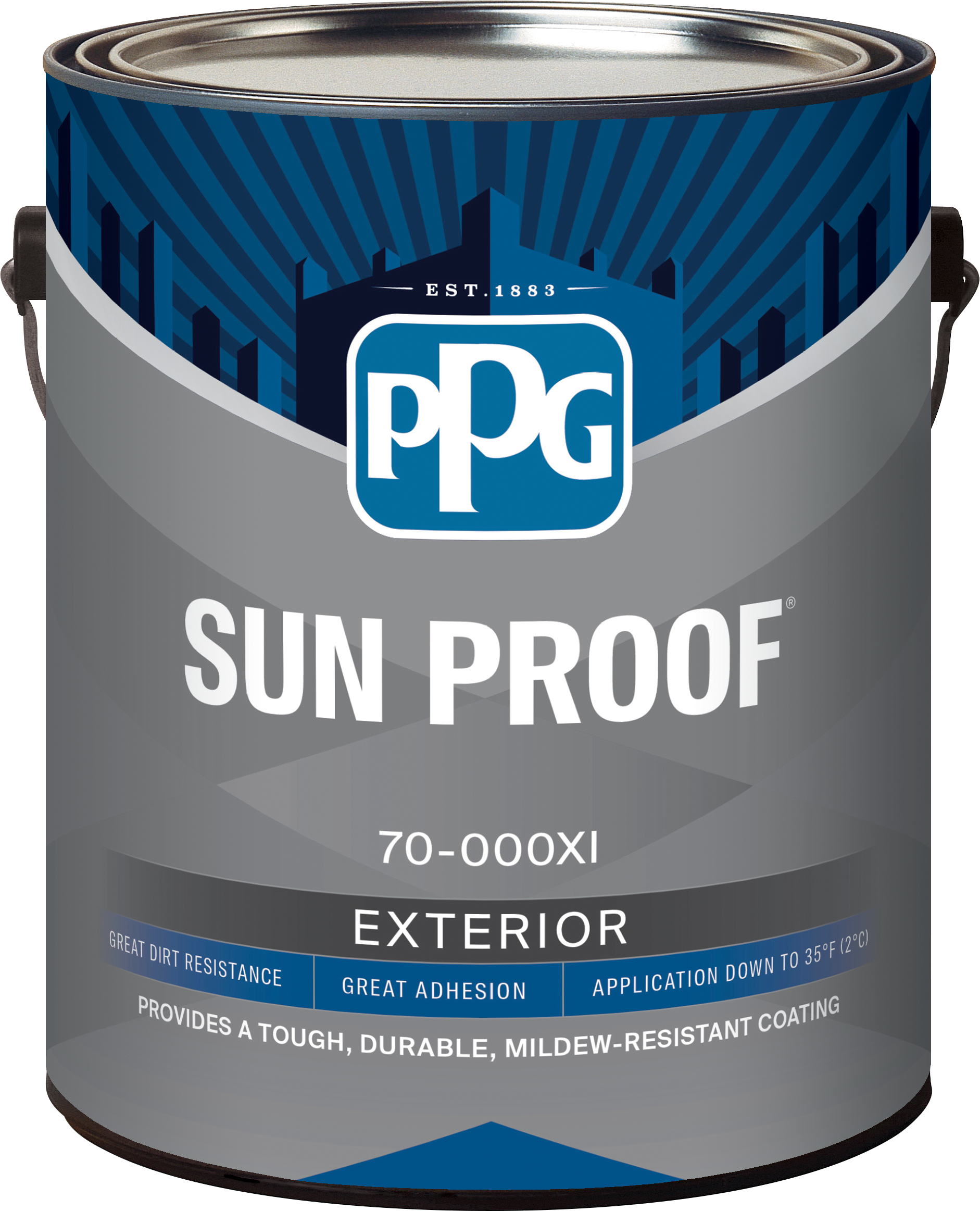 A close-up of a can of PPG Sun Proof exterior paint, size 70-000XI, with a blue, gray, and white label indicating it is sunproof, durable, and mildew-resistant.