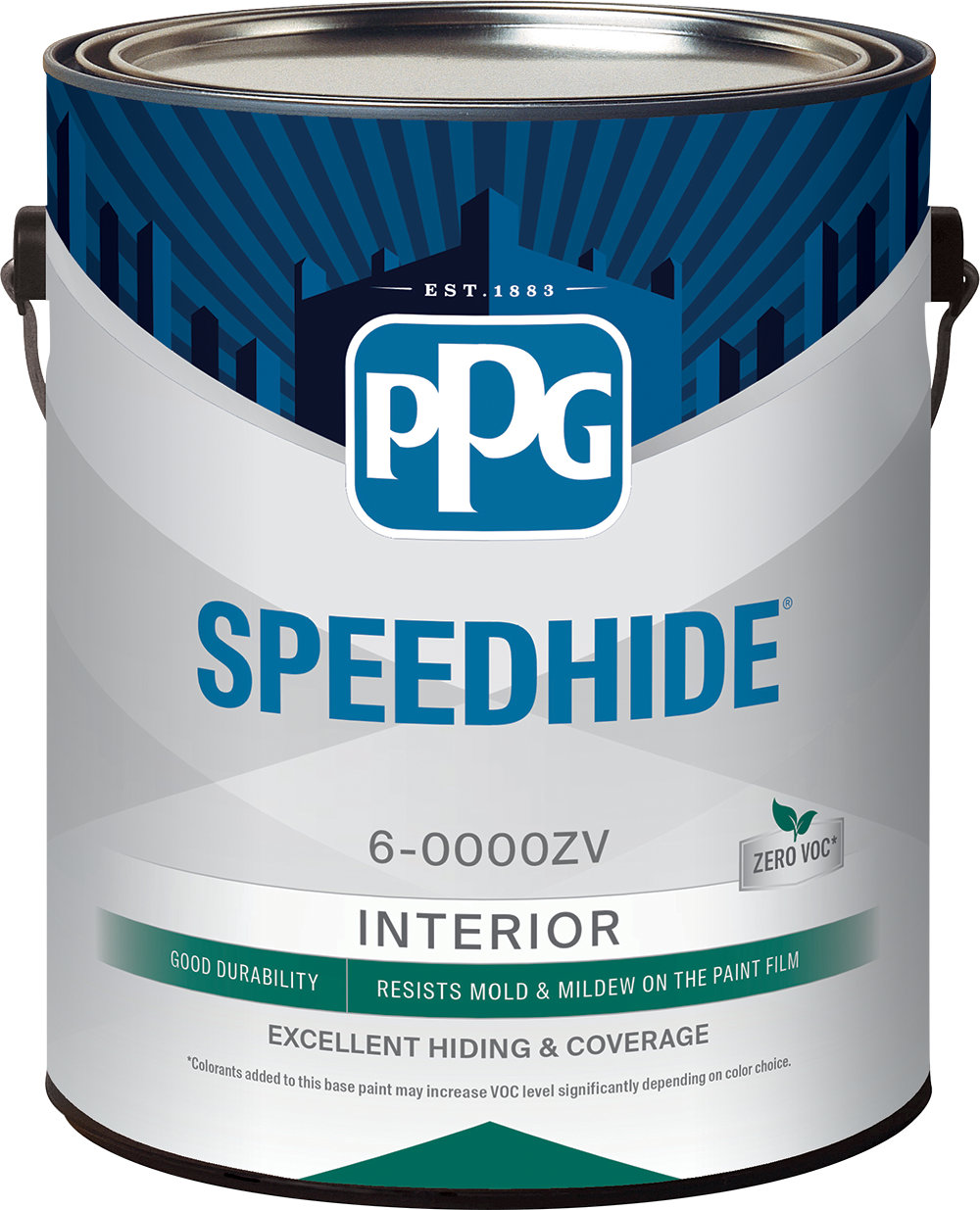 A can of PPG Speedhide interior paint with a blue and white label, featuring the PPG logo, product name, and various product features.