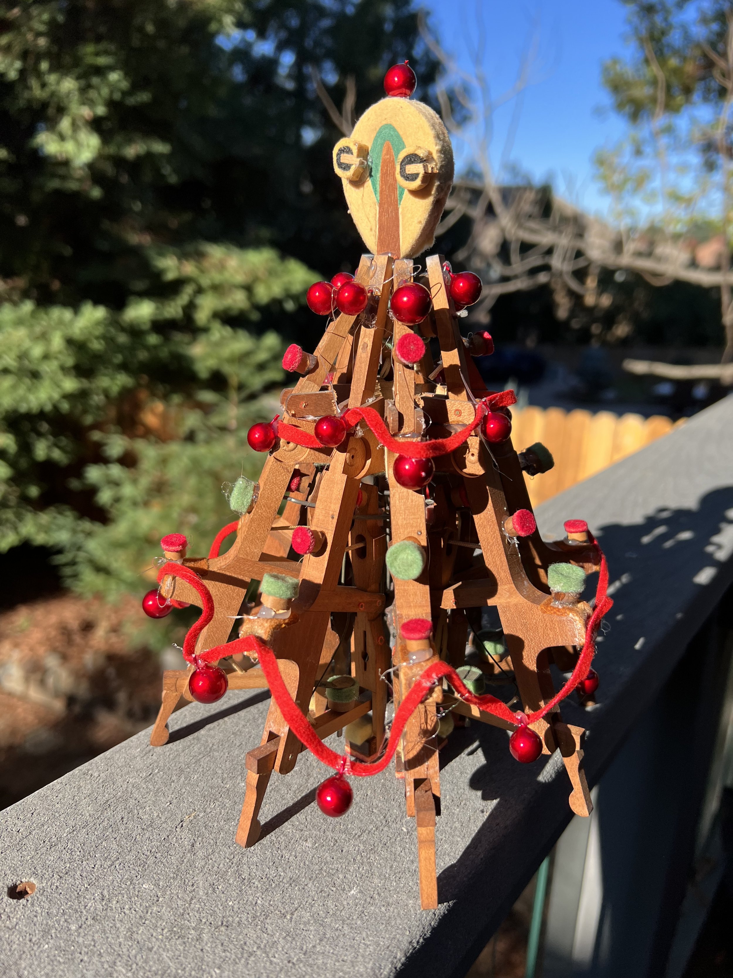 You can't do piano work without having a lot of extra spare parts. This. is a Christmas tree created from old Steinway grand piano whippens.