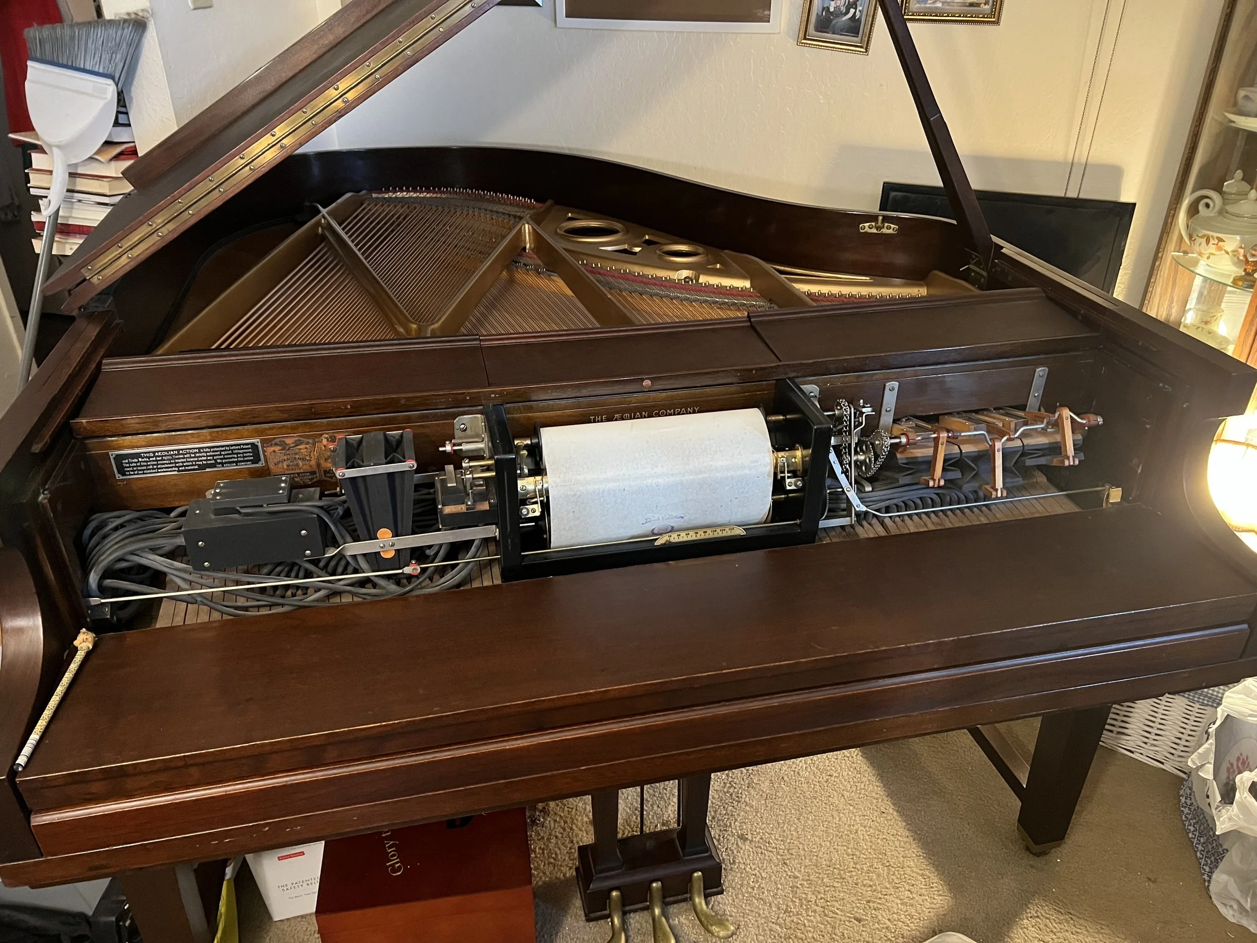 This is a very old Weber grand player piano that is still in good shape and still works. You have to take the front piece off to change the player roll.