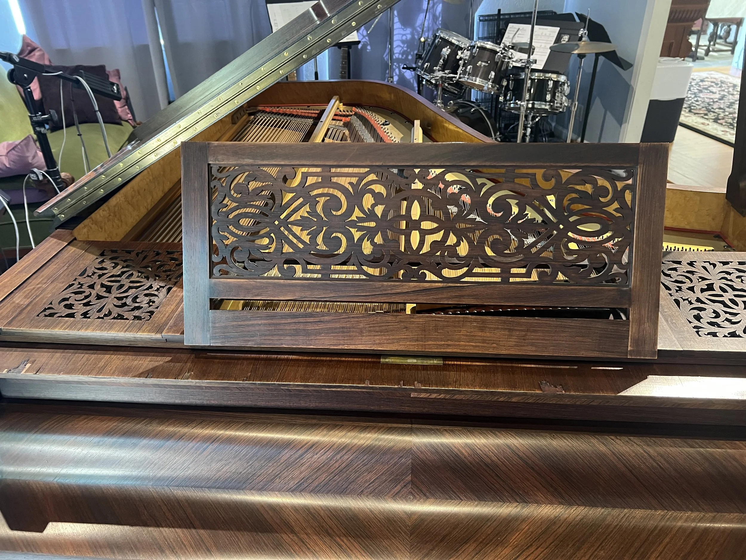 The ornate music rack on the Erard.