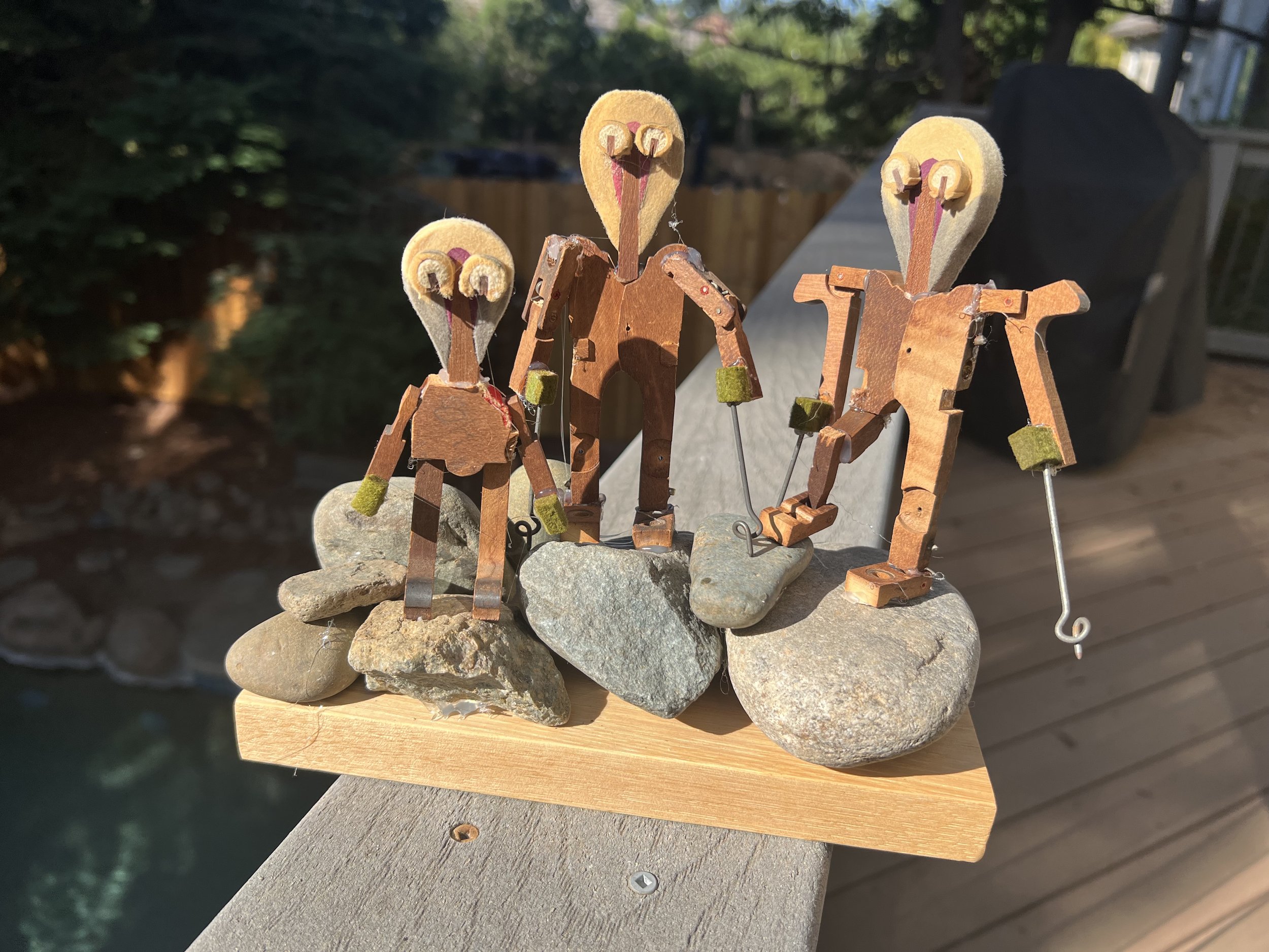 For my daughter, son-in-law and my grandson who like to hike in the mountains. The bodies are made from upright piano parts.