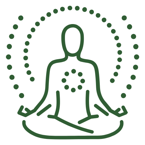 Outline of a person sitting in a meditation pose with crossed legs and hands resting on knees, surrounded by dotted circles representing energy or focus.