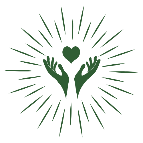 A graphic of two green hands with palms up, a green heart above them, and radiating lines behind, symbolizing care and love.