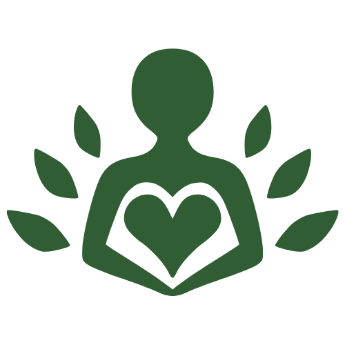 Silhouette of a person with a heart in front and leaves surrounding them, symbolizing care or environmental awareness.