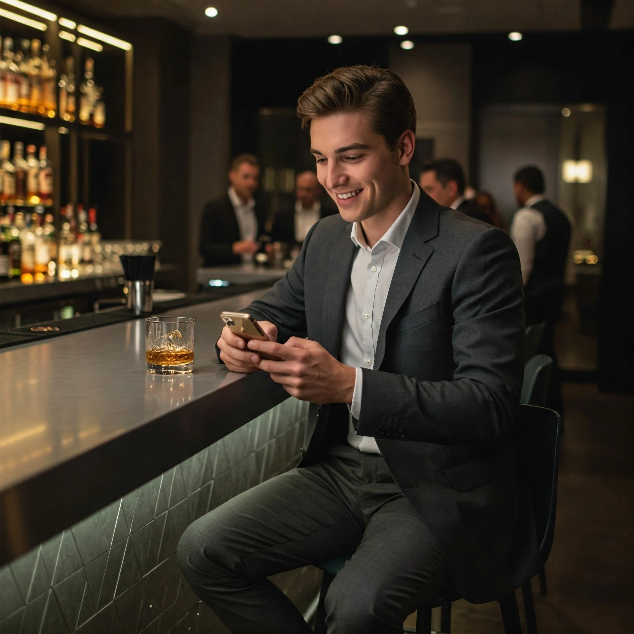 Young man in a suit sitting at a bar, looking at his phone with a glass of whiskey in front of him, smiling.
