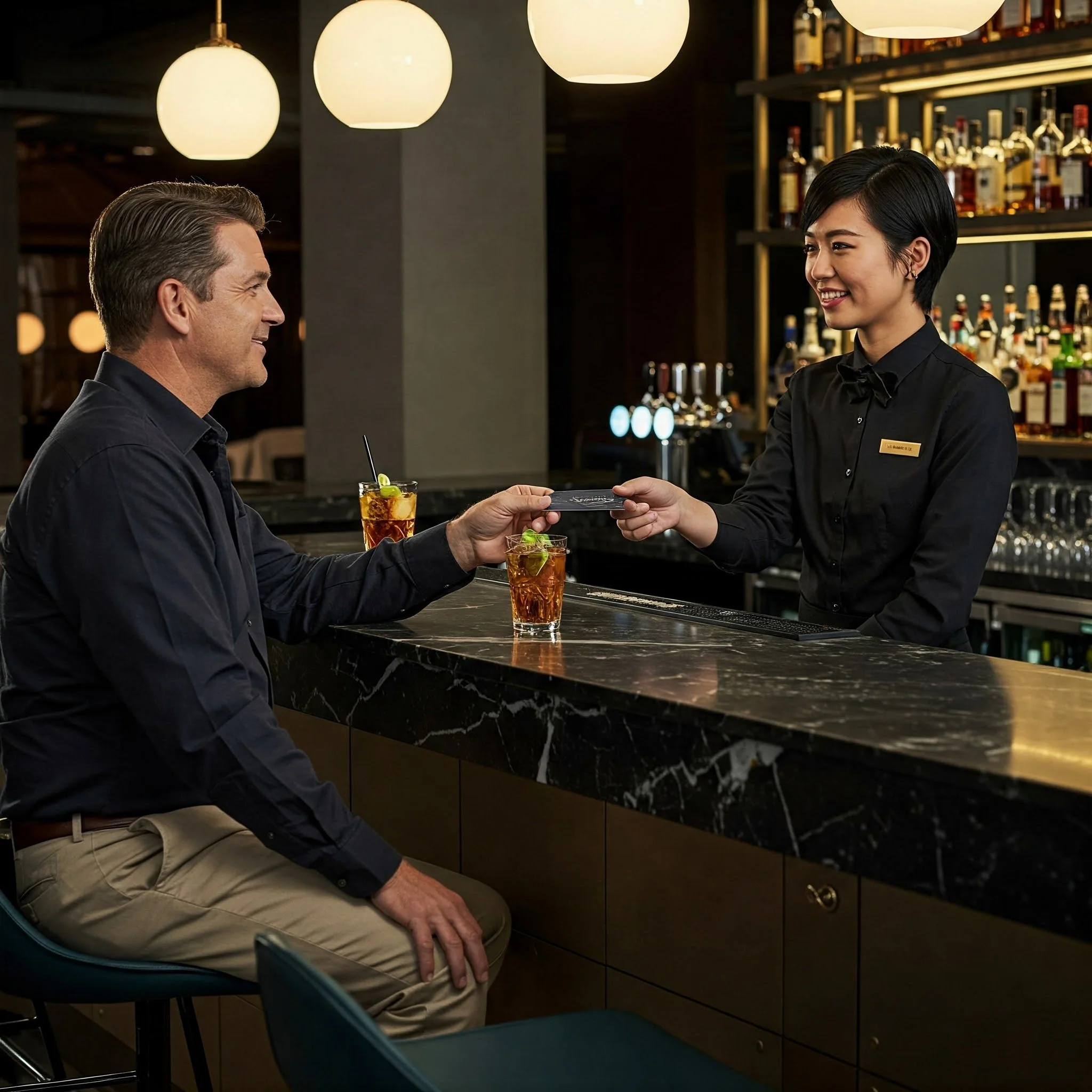 A bartender in black attire hands a black coaster to a male customer seated at a bar. The customer is smiling, with two glasses of drinks in front of him. The background shows shelves of liquor bottles and bar equipment under warm lighting.