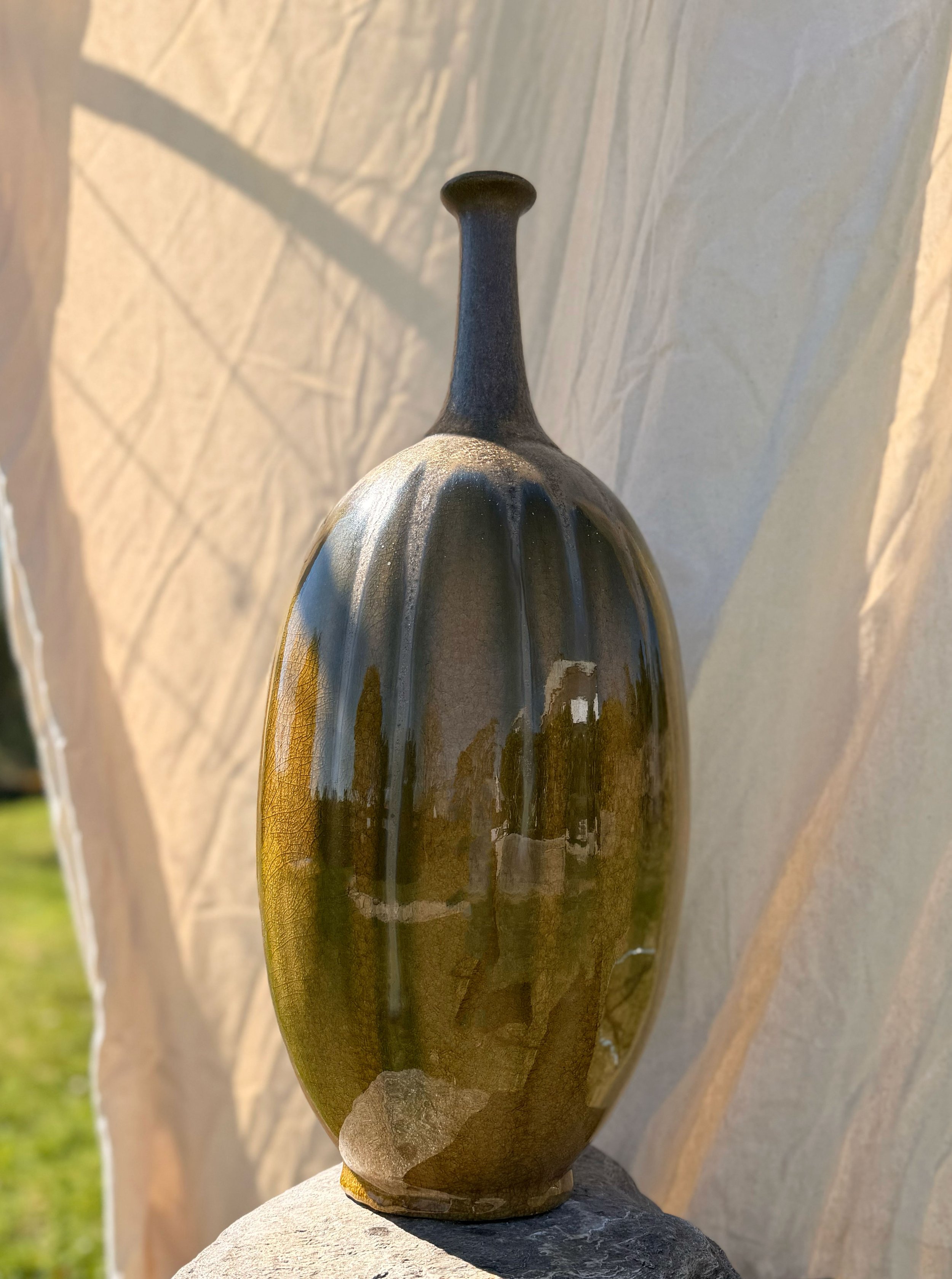 Elongated Olive Glaze Vase