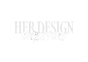 Text reading 'Her Design' with smaller text 'Her Story' over a black background.