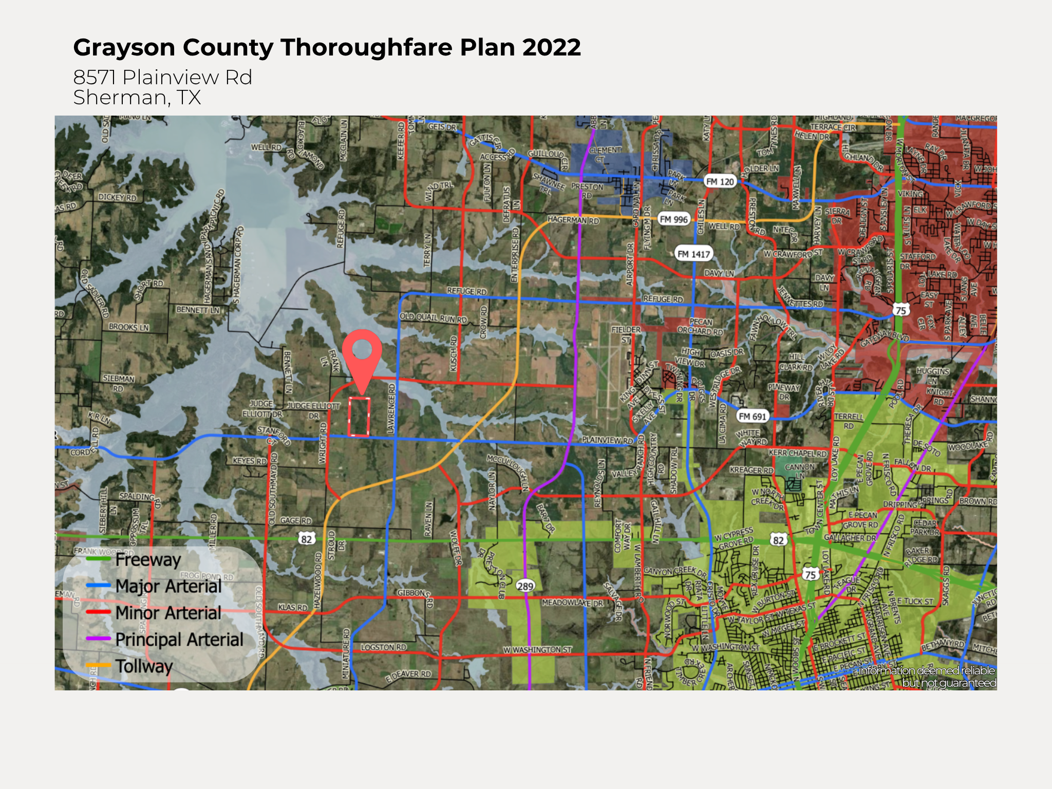 Map of Grayson County, Texas with highlighted roads and arteries, including freeways, major arterial, minor arterial, tollways, and colored areas indicating different zones or districts.