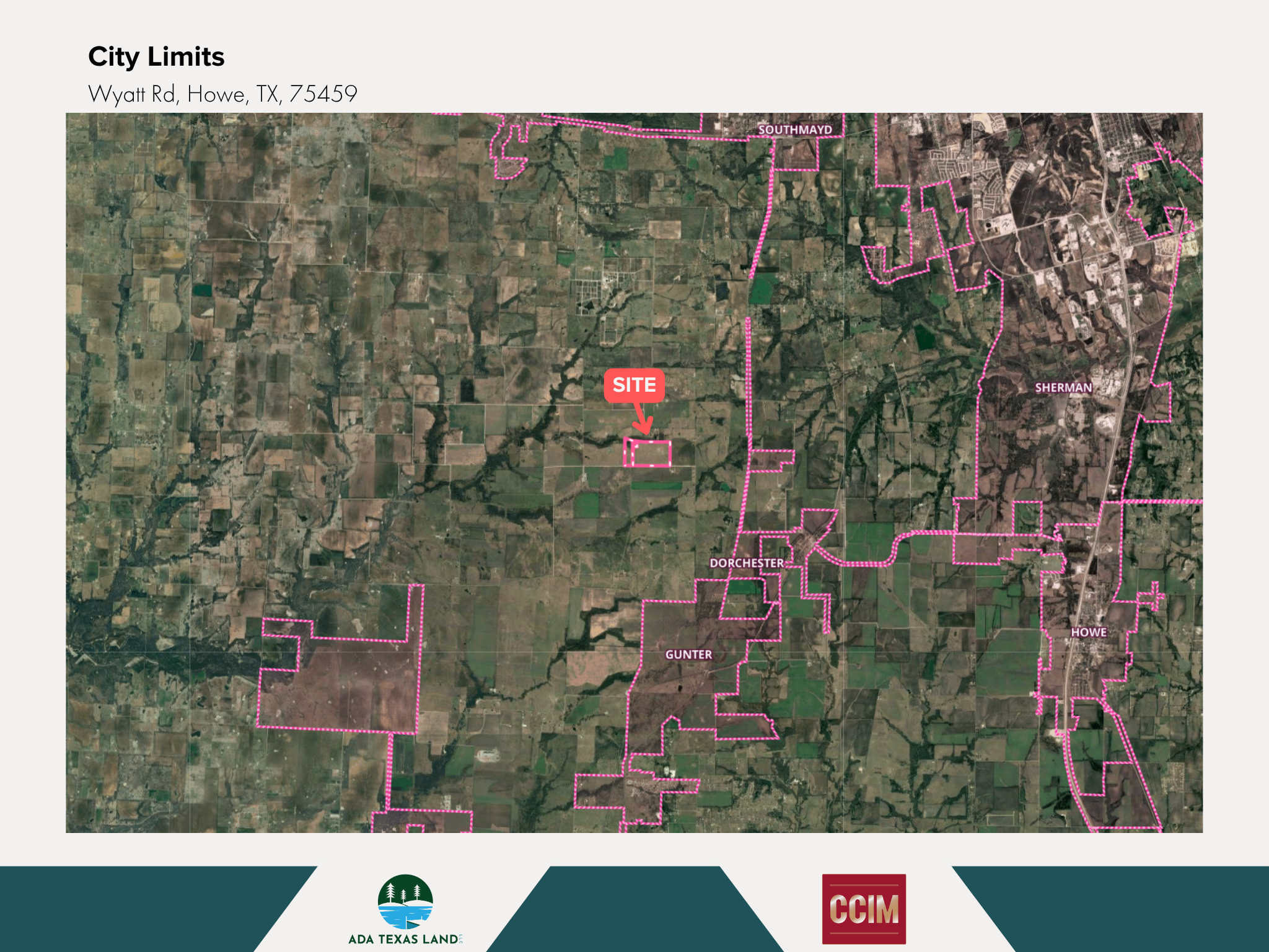 Map showing city limits of Howe, TX, with a marked site on Wyatt Road. Surrounding towns include Southmayd, Sherman, Dorchester, Gunter, and Howe. Pink boundary lines outline the city limits.