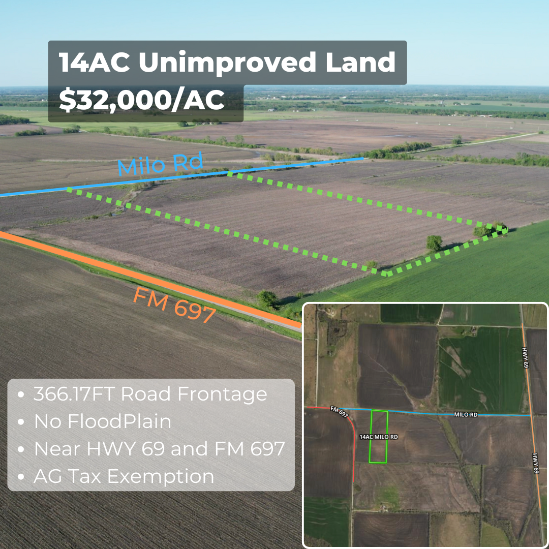 Aerial view of farmland showing land for sale, with overlay text indicating it is 14 acres unimproved land costing $32,000 per acre, near Highway 69 and FM 697. The land has 366.17 feet of road frontage, no floodplain, and qualifies for agricultural