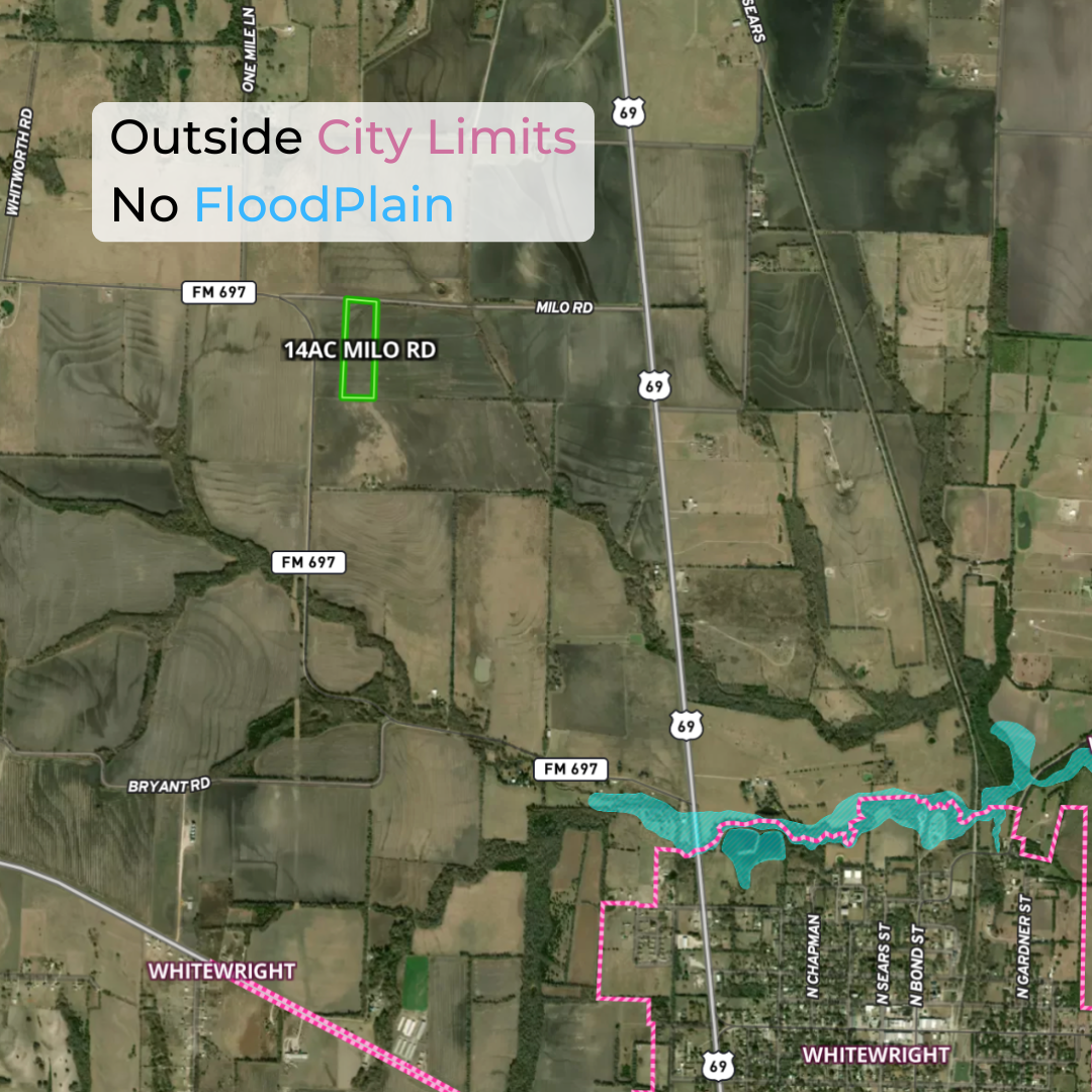 Map showing area outside city limits marked with pink dashed line and inside marked with green. The map highlights a section of Mile Road and surrounding rural land, indicating no floodplain in blue.