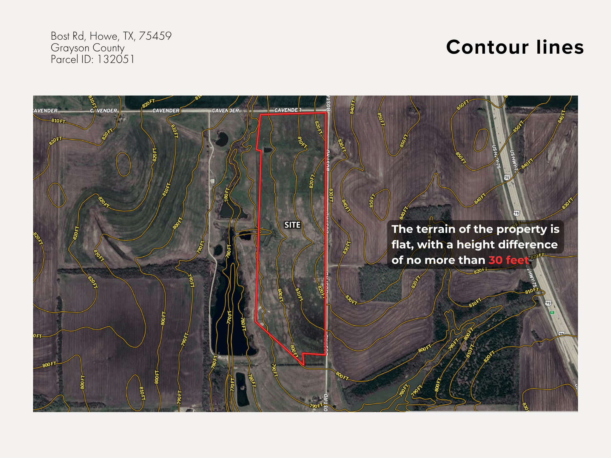 Aerial map showing contour lines of a flat property with a maximum height difference of 30 feet, outlined in red, located on Bost Road in Howe, Texas, with surrounding land, roads, and topography.