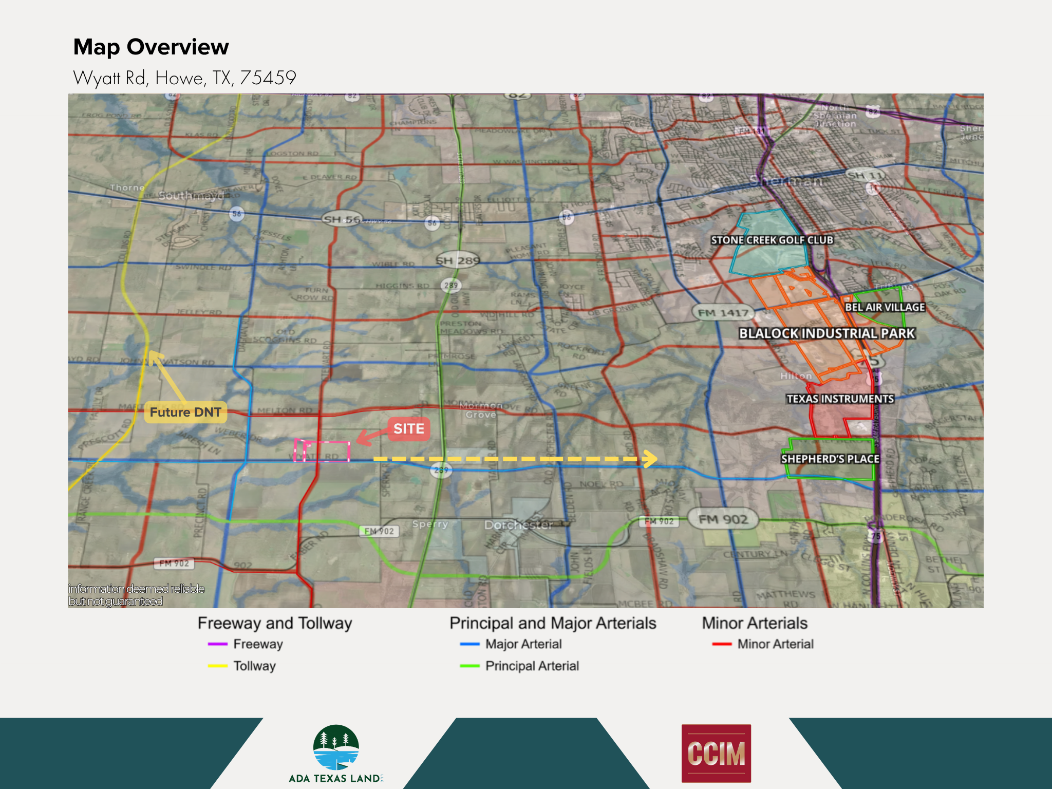 Map overview of Wyatt Road, Howe, TX 75459, showing highways, major and minor arterial roads, and specific sites including Stone Creek Golf Club, Bel Air Village, Blalock Industrial Park, Texas Instruments, Shepherd's Place, and a future DNT route. K