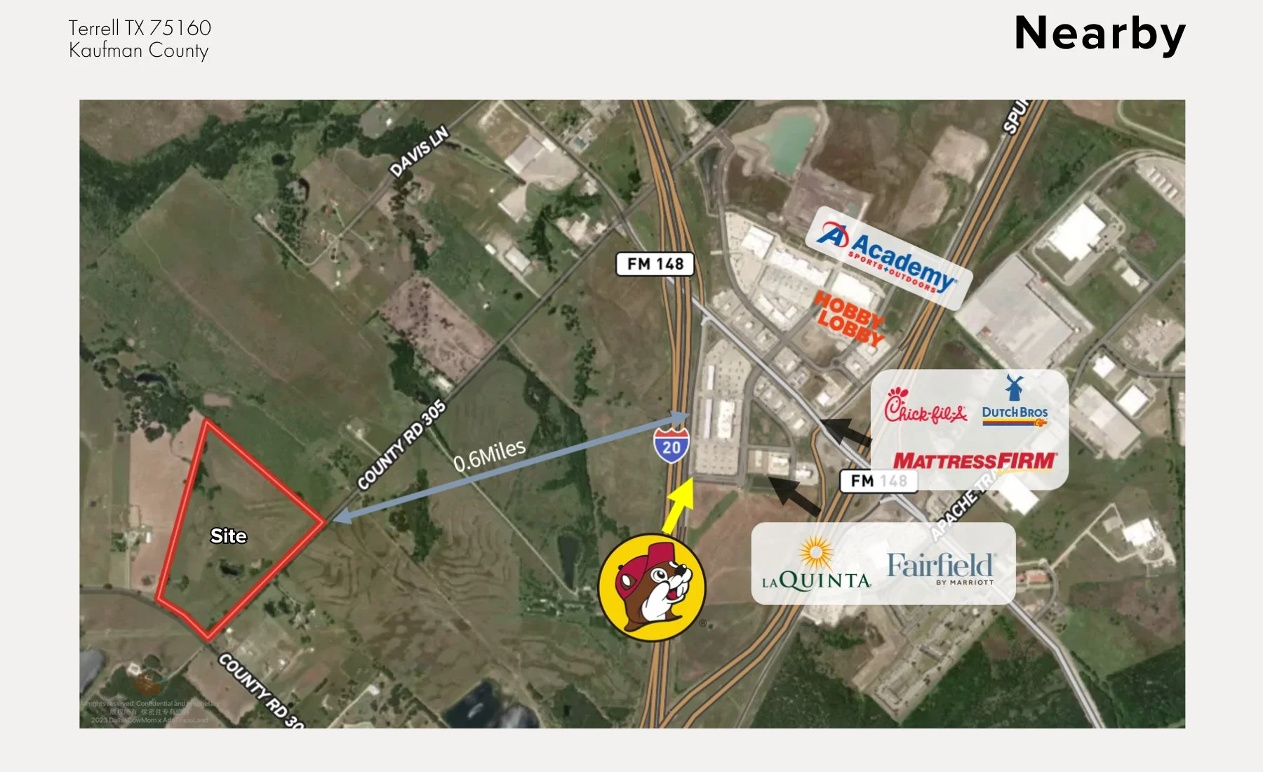 Map showing a site outlined in red near Terrell, Texas, with nearby businesses such as Academy Sports + Outdoors, Hobby Lobby, Chick-fil-A, Dutch Bros, Mattress Firm, La Quinta, and Fairfield Inn. Major roads include FM 148, County Road 305, and Inte