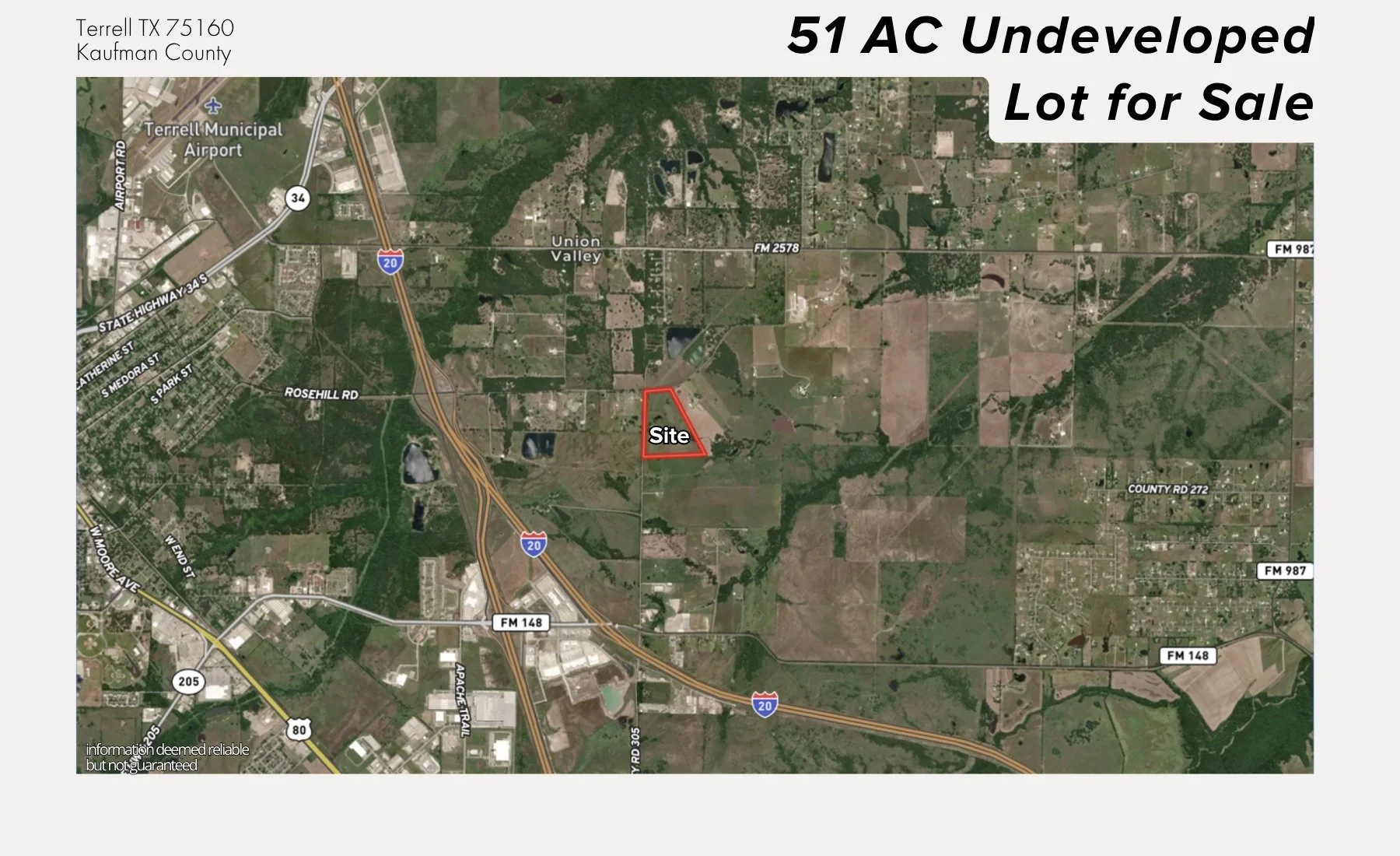 Map showing undeveloped lot for sale at 51 AC in Terrell, Texas, outlined in red and labeled 'Site', near highways I-20 and FM 148.