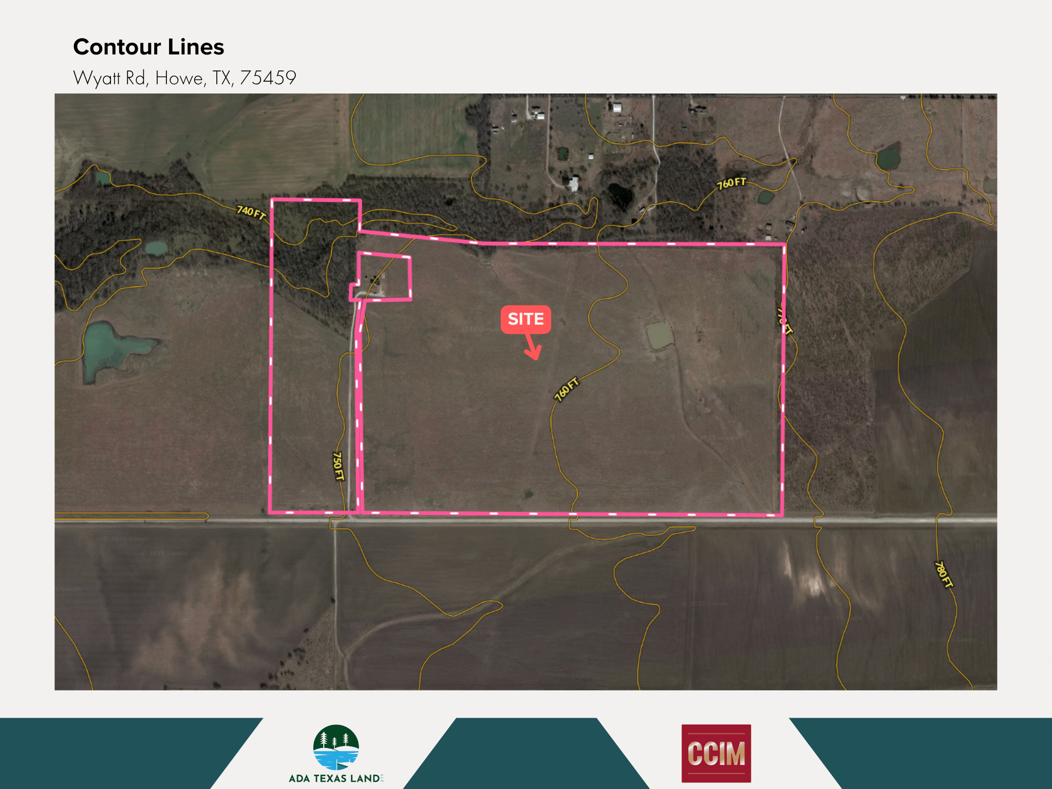 Aerial map showing contour lines with a property boundary marked in pink, labeled 'SITE', located on Wyatt Road in Howe, Texas. Contour lines indicate elevation, with measurements in feet.