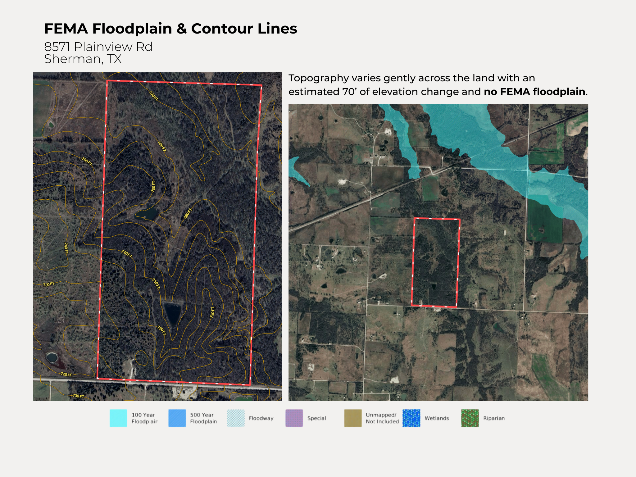 Map showing FEMA floodplain and contour lines for a property at 8571 Plainview Road, Sherman, Texas. The left side displays floodplain boundaries, topography, and elevation contours, while the right side shows the property on an aerial image with wat