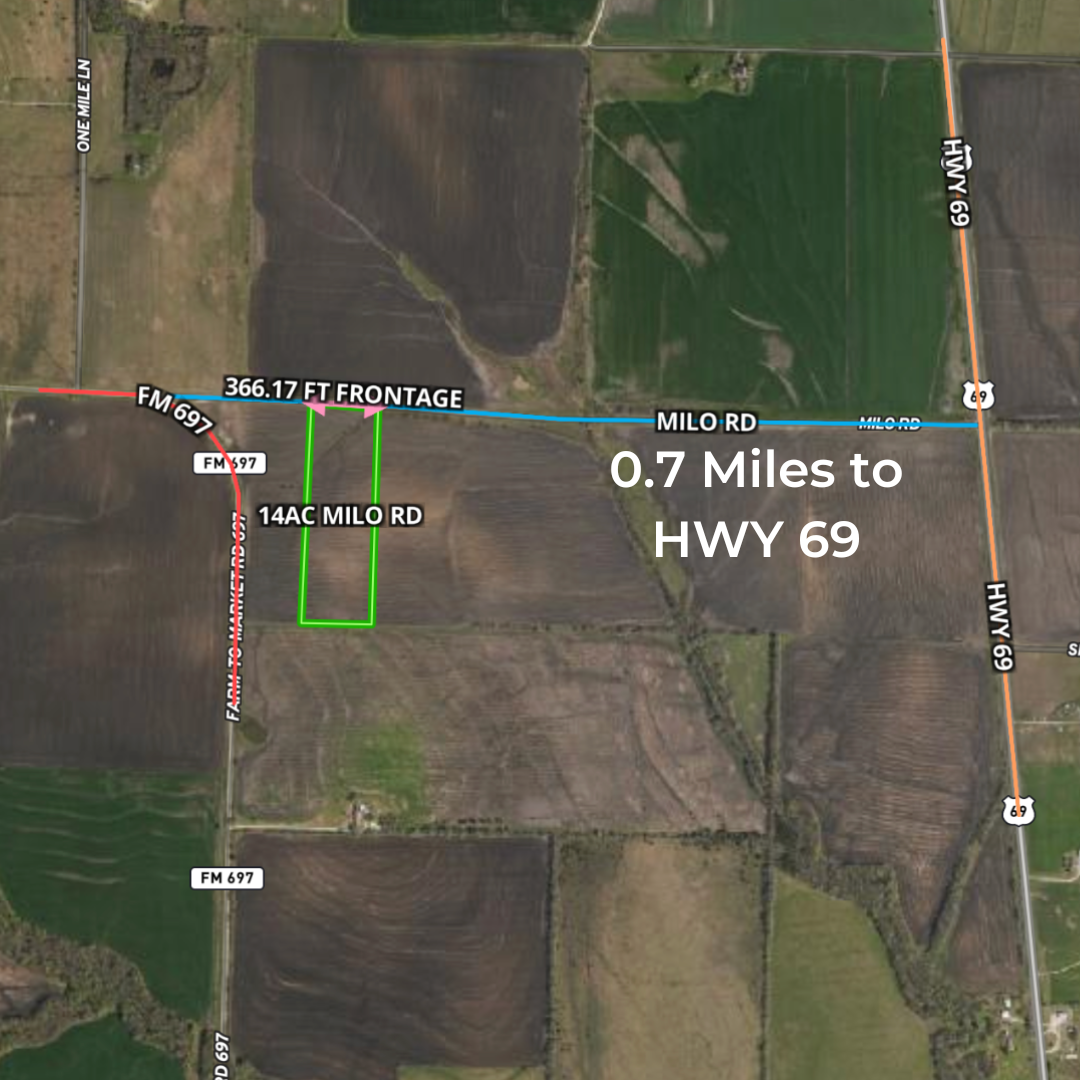 Map showing land access and distances to Highway 69, with a 366-foot frontage on Milo Road, located 0.7 miles from Highway 69.