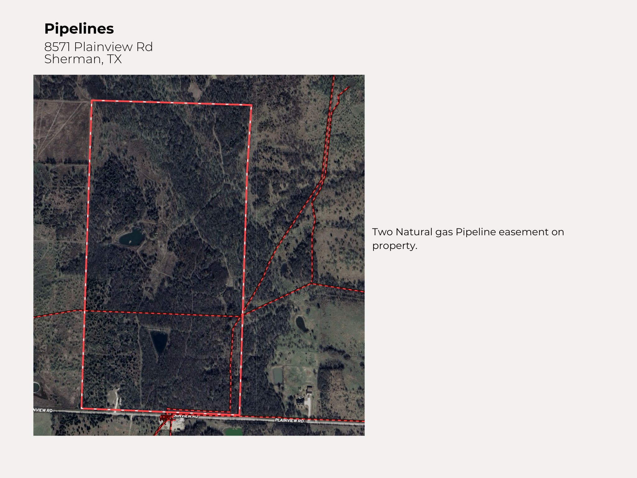 Satellite map showing a property with two natural gas pipeline easements marked in red, located at 8571 Plainview Road, Sherman, Texas.
