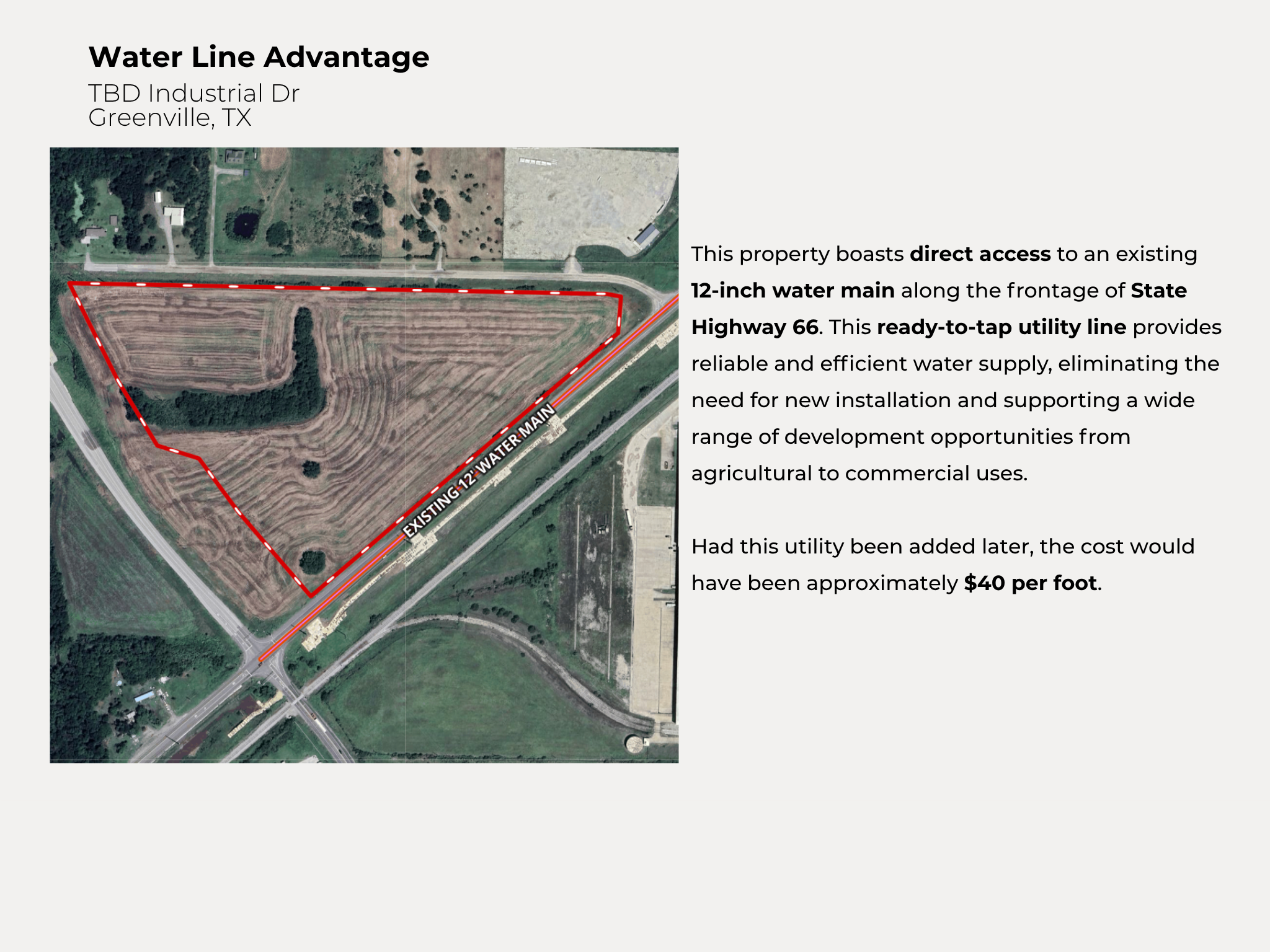 Aerial map highlighting a triangular plot of land with red boundary lines and the label "Existing 12" Water Main" along a roadway, with accompanying descriptive text about water utility access and cost implications.
