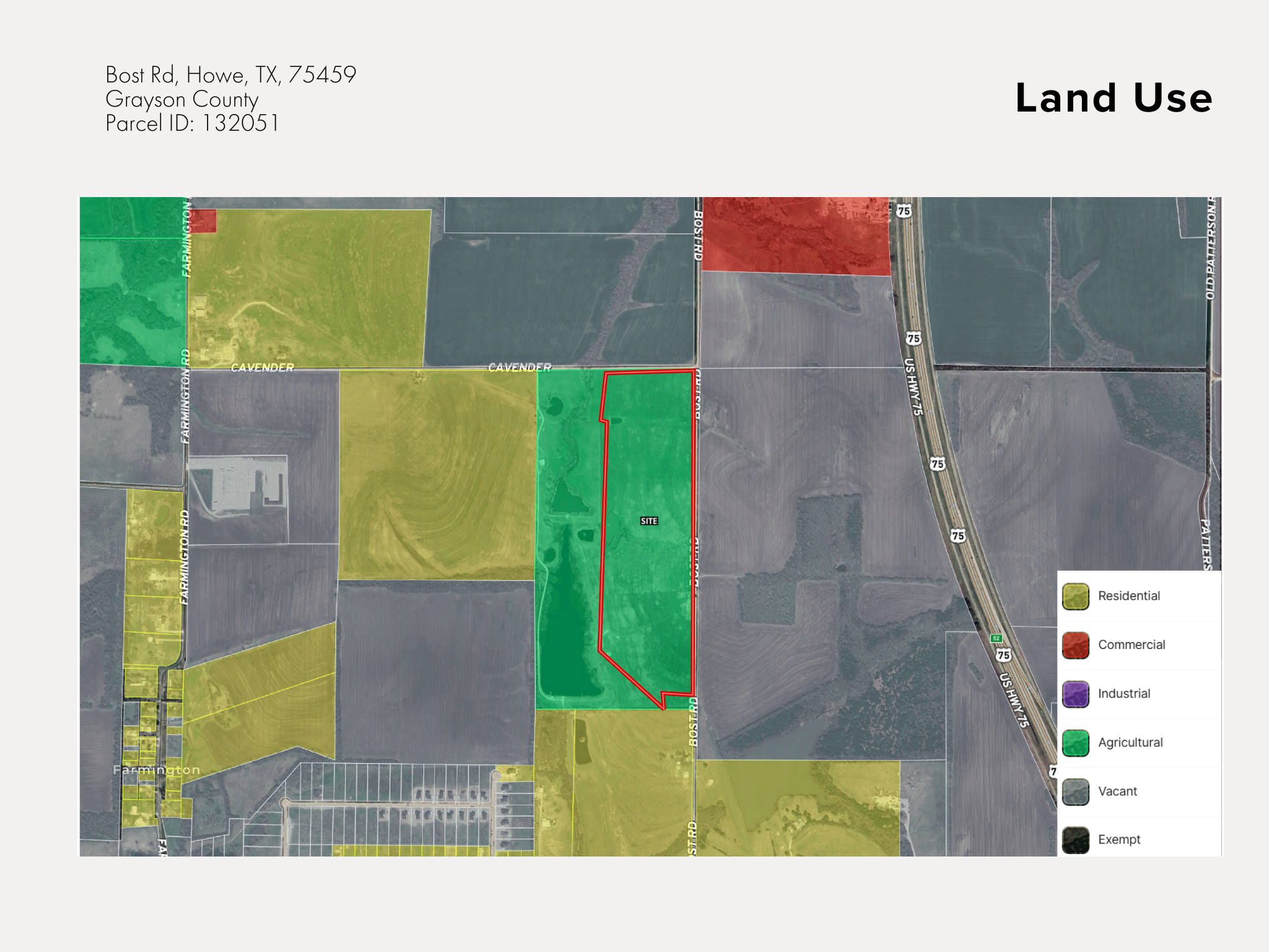 Land use map of Bost Road, Howe, TX, showing residential, commercial, industrial, agricultural, vacant, exempt areas, with the parcel outlined in red and various roads labeled.