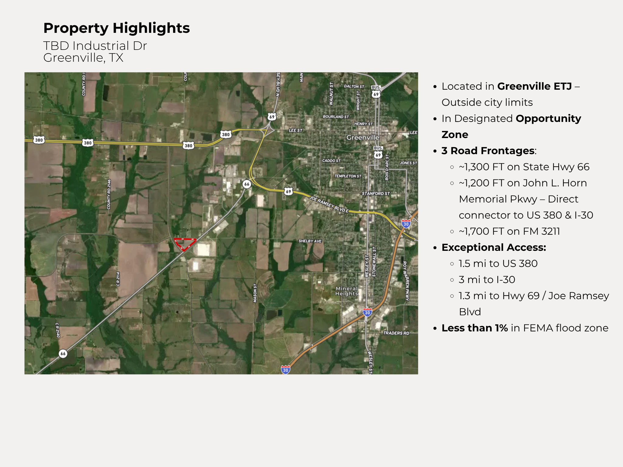 Map highlighting a property location on a site plan near Greenville, Texas, with road frontages on State Highway 66, John L. Horn Memorial Parkway, and FM 3211, in a rural area with roads, green areas, and some urban infrastructure.