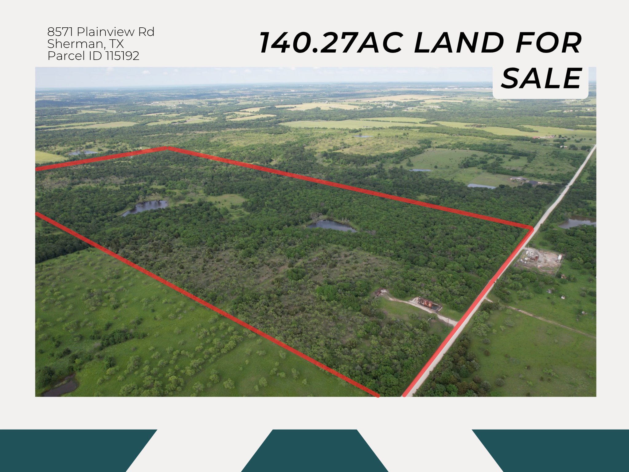 Aerial view of a large green ranch land for sale with a red boundary line, ponds, and a dirt road, in Sherman, Texas.