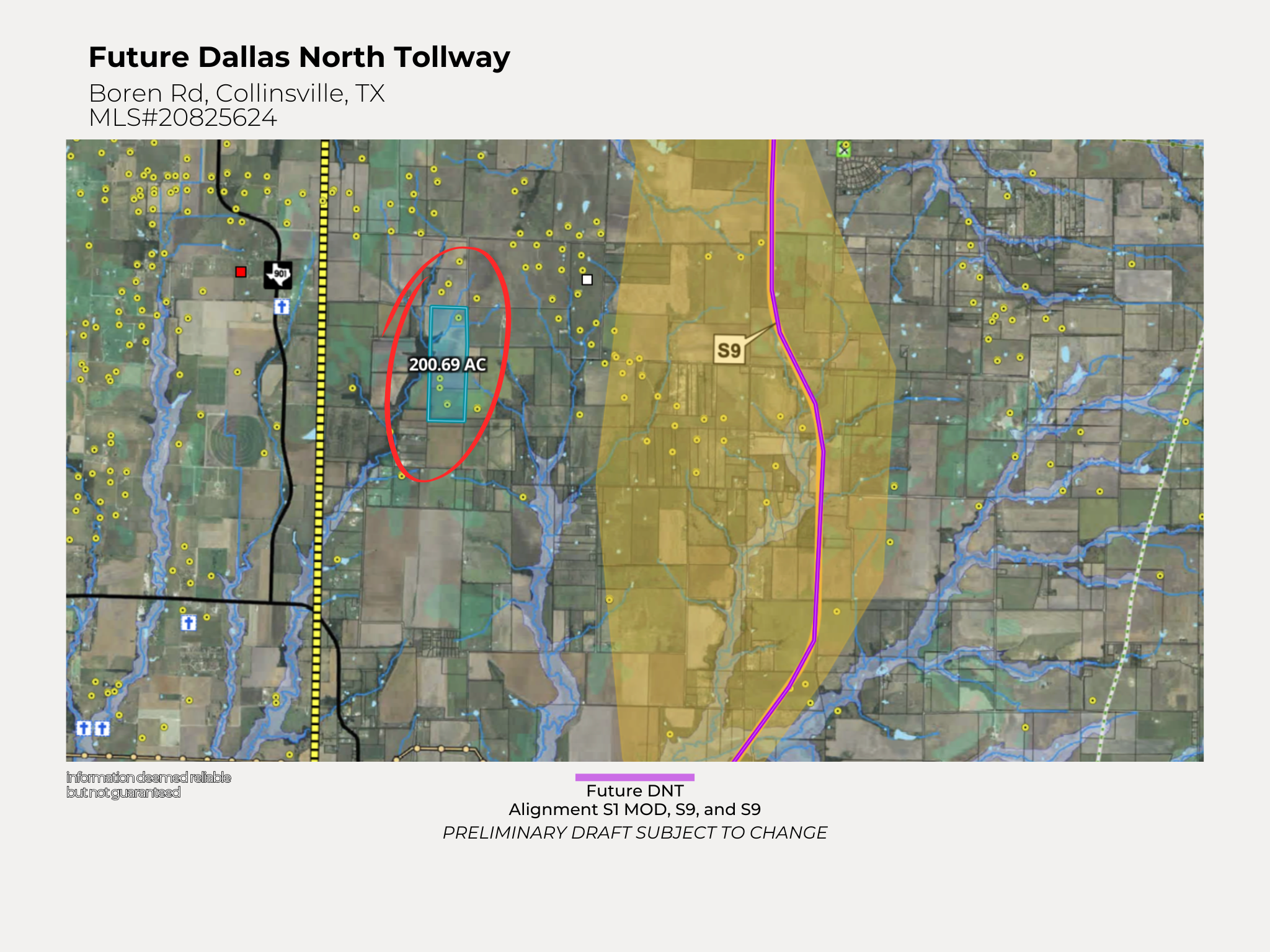 Map showing future Dallas North Tollway expansion near Boren Rd, Collinsville, TX, with color-coded lines, water features, and labels indicating the project area of 200.69 acres.