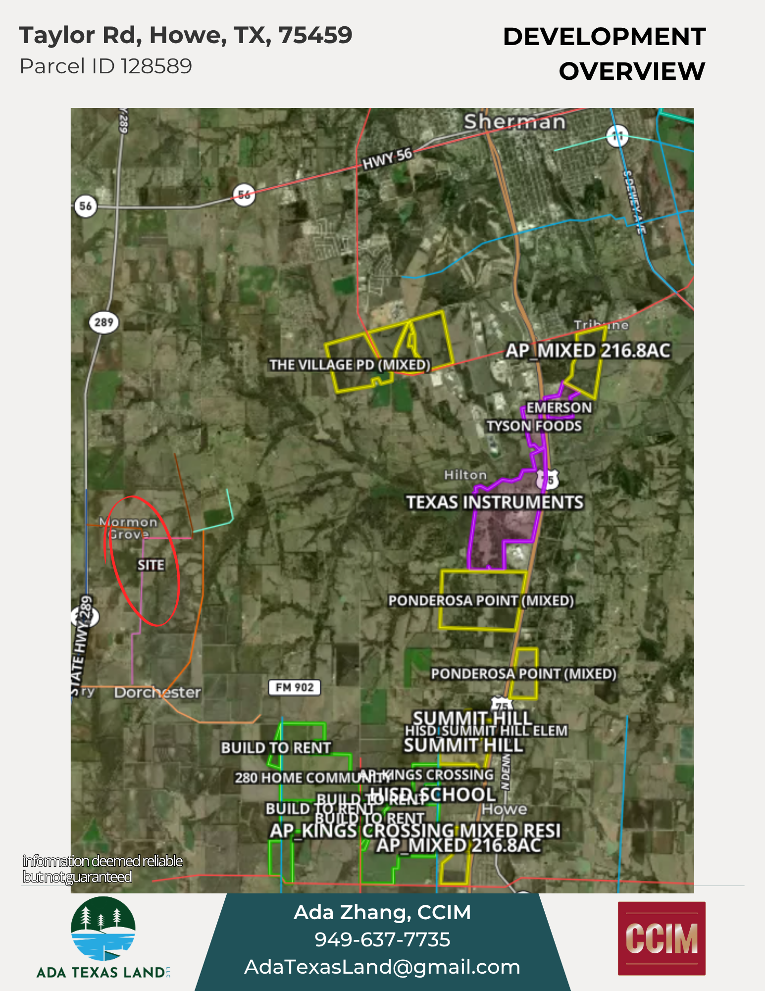 Development overview map of Taylor Road area in Howe, Texas. Features parcel boundaries, existing developments like Tyson Foods, Texas Instruments, and Summit Hill Elementary, and proposed projects marked with yellow and purple outlines. Contact deta