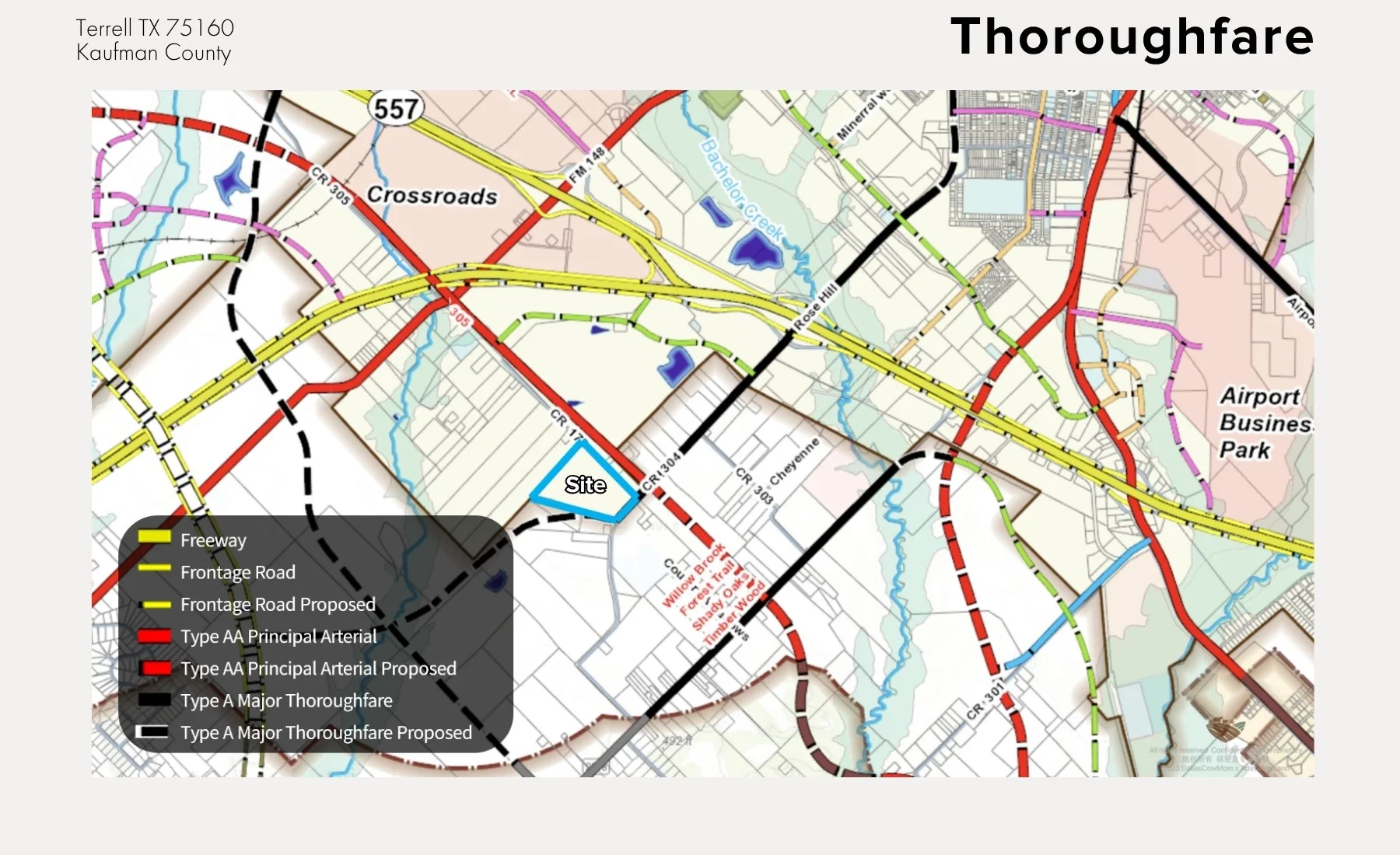 Map of Thoroughfare in Terrell, TX, showing proposed and existing roads, including freeways, frontage roads, and principal arterial thoroughfares, with legend and site marked.