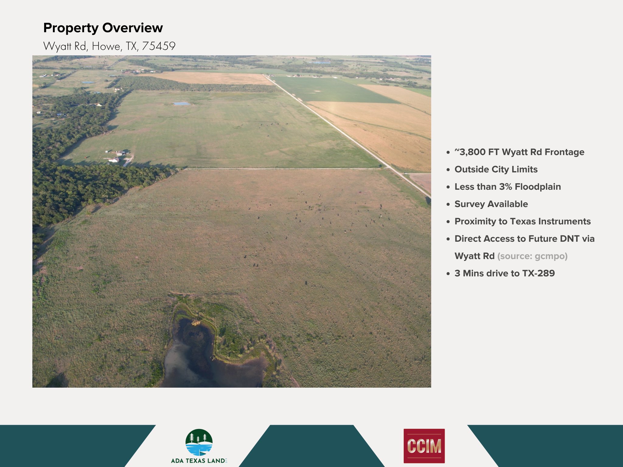 Aerial view of farmland with a small pond, open fields, and some trees in Howe, Texas.