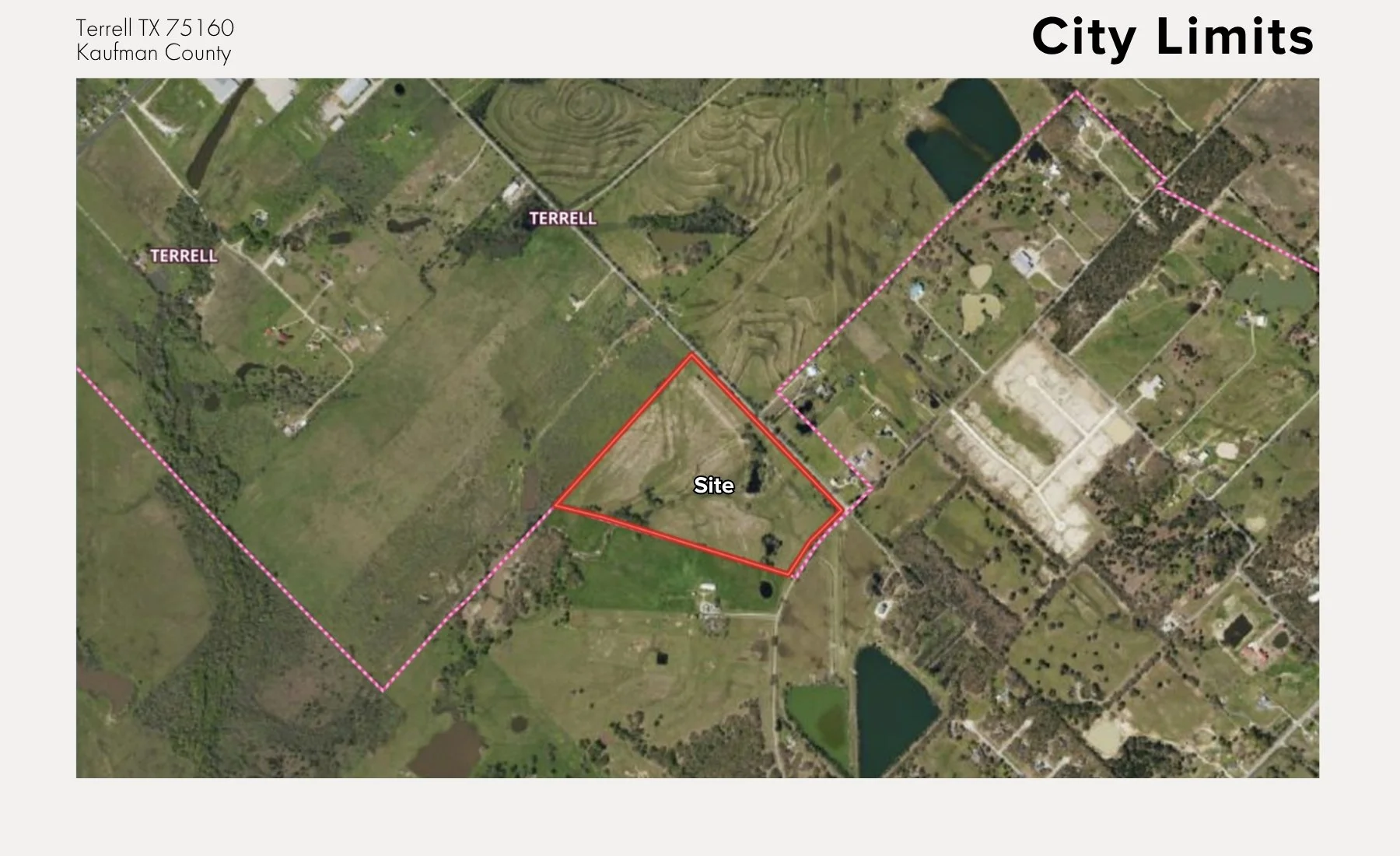 Map displaying the city limits of Terrell, Kaufman County, Texas, with a highlighted site outlined in red near the center.
