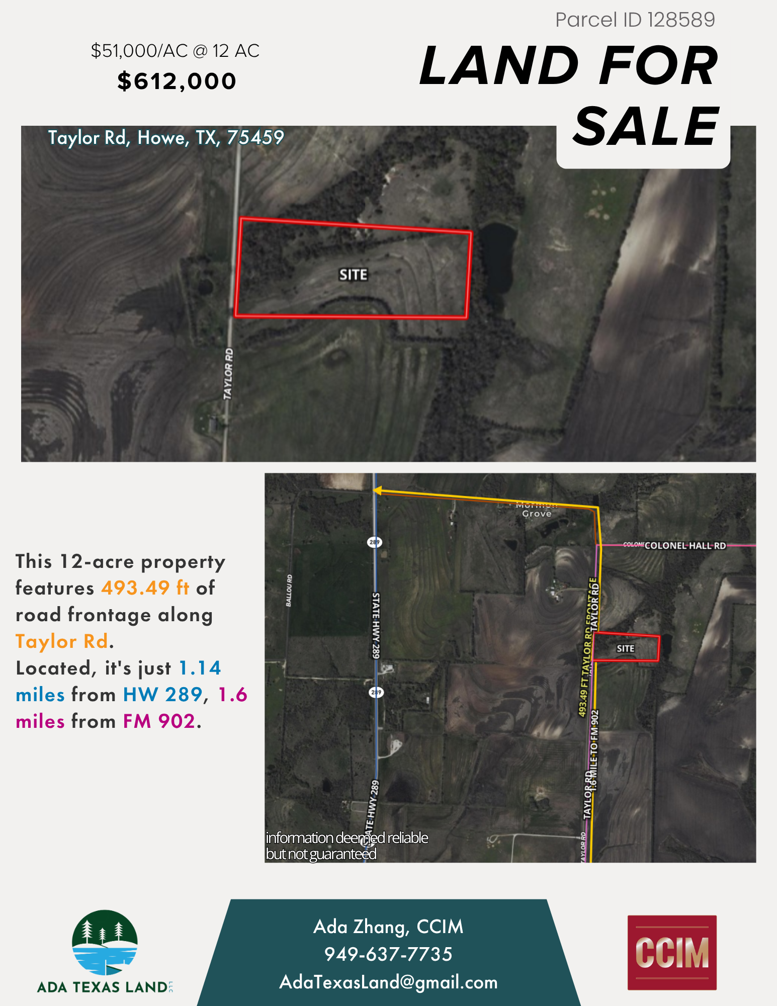 Land for sale advertisement featuring a 12-acre property in Howell, Texas, with a site outlined in red, road access details, and contact information for Ada Zhang at CCIM.