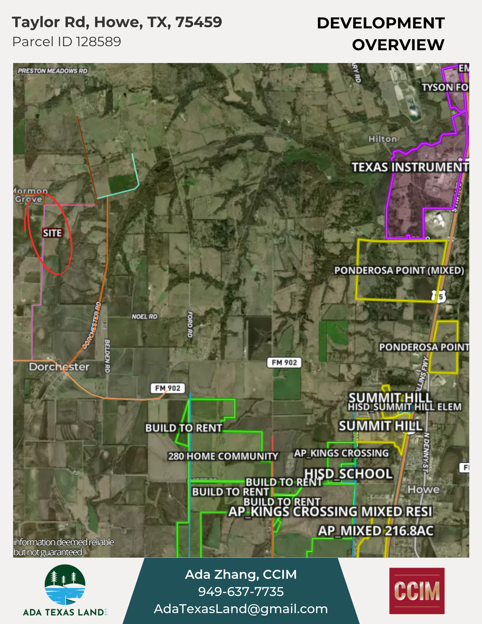 Development overview map showing property boundaries, roads, and key landmarks in Howe, Texas, with annotations for site location, residential builds, community areas, and school zones.