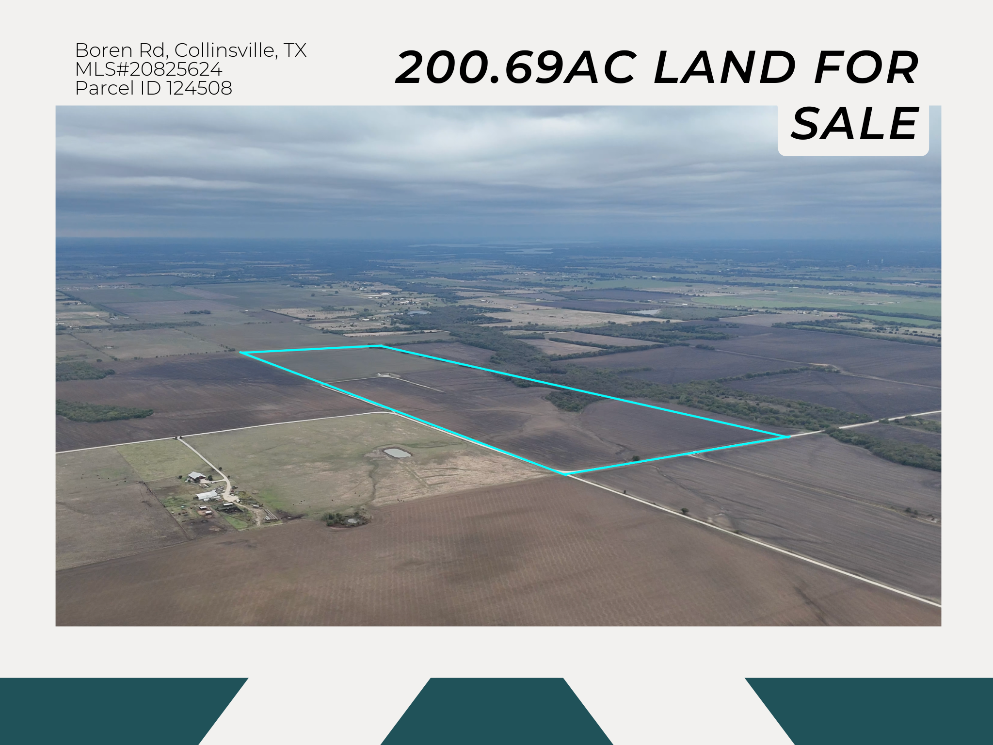 Aerial view of farmland with a rectangular lot outlined in blue, for sale in Collinsville, Texas.