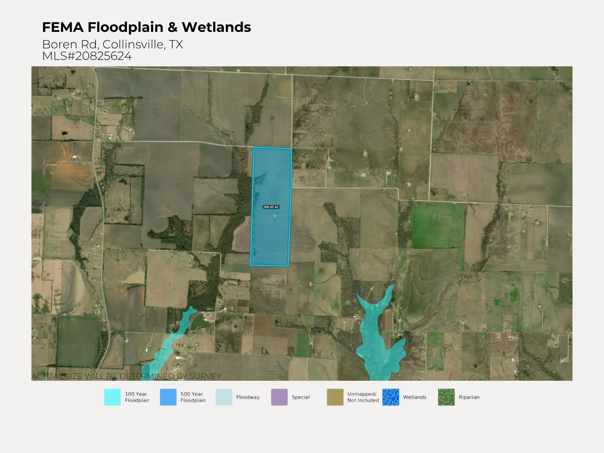 Map of FEMA floodplain and wetlands area in Collinsville, Texas, showing 100-year and 500-year floodplains, wetlands, and riparian zones in Boren Road vicinity.
