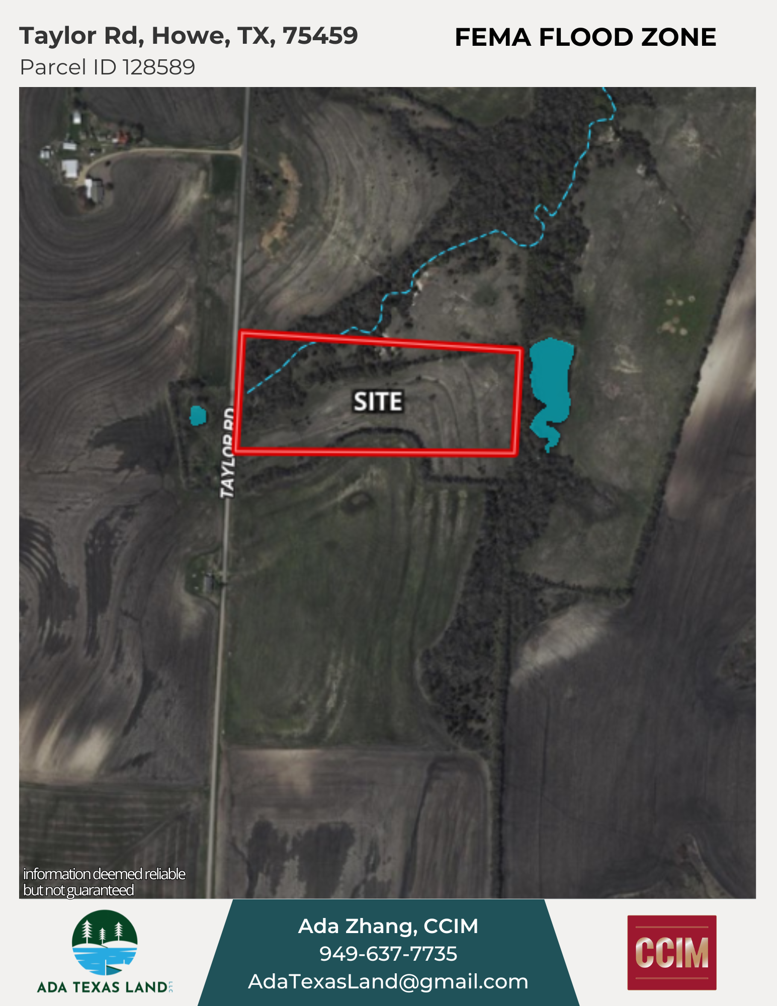 A land map showing a site outlined in red on Taylor Road, Howell, Texas, with water bodies and a flood zone boundary indicated.
