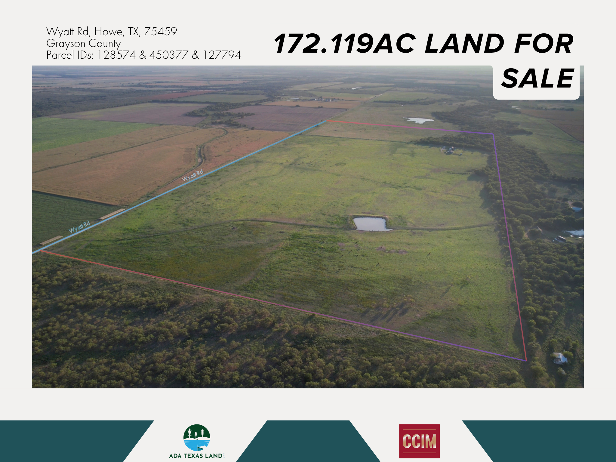 Aerial view of a large plot of land for sale in Howe, Texas, outlined with colored borders, with small ponds and surrounding farmland, displaying parcel IDs and location details.