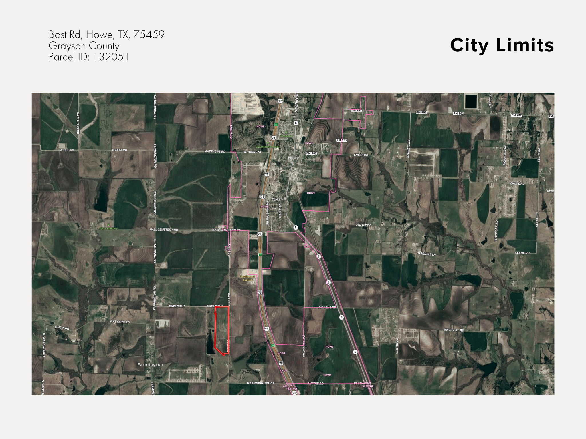 A map showing the city limits of Howe, Texas, with roads, property boundaries, and landmarks including cemeteries and an auction site marked on the map.