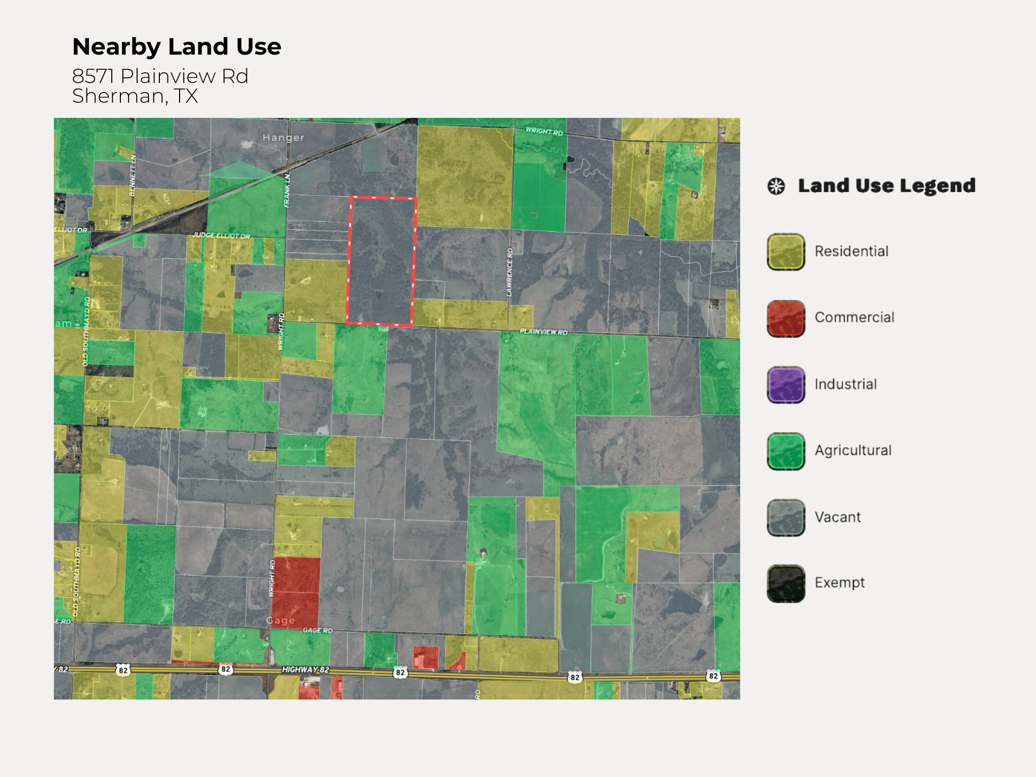 Map of land use near 8571 Plainview Rd, Sherman, TX, showing mostly agricultural land in green, with some residential areas in yellow and commercial areas in red, as well as vacant and exempt land.
