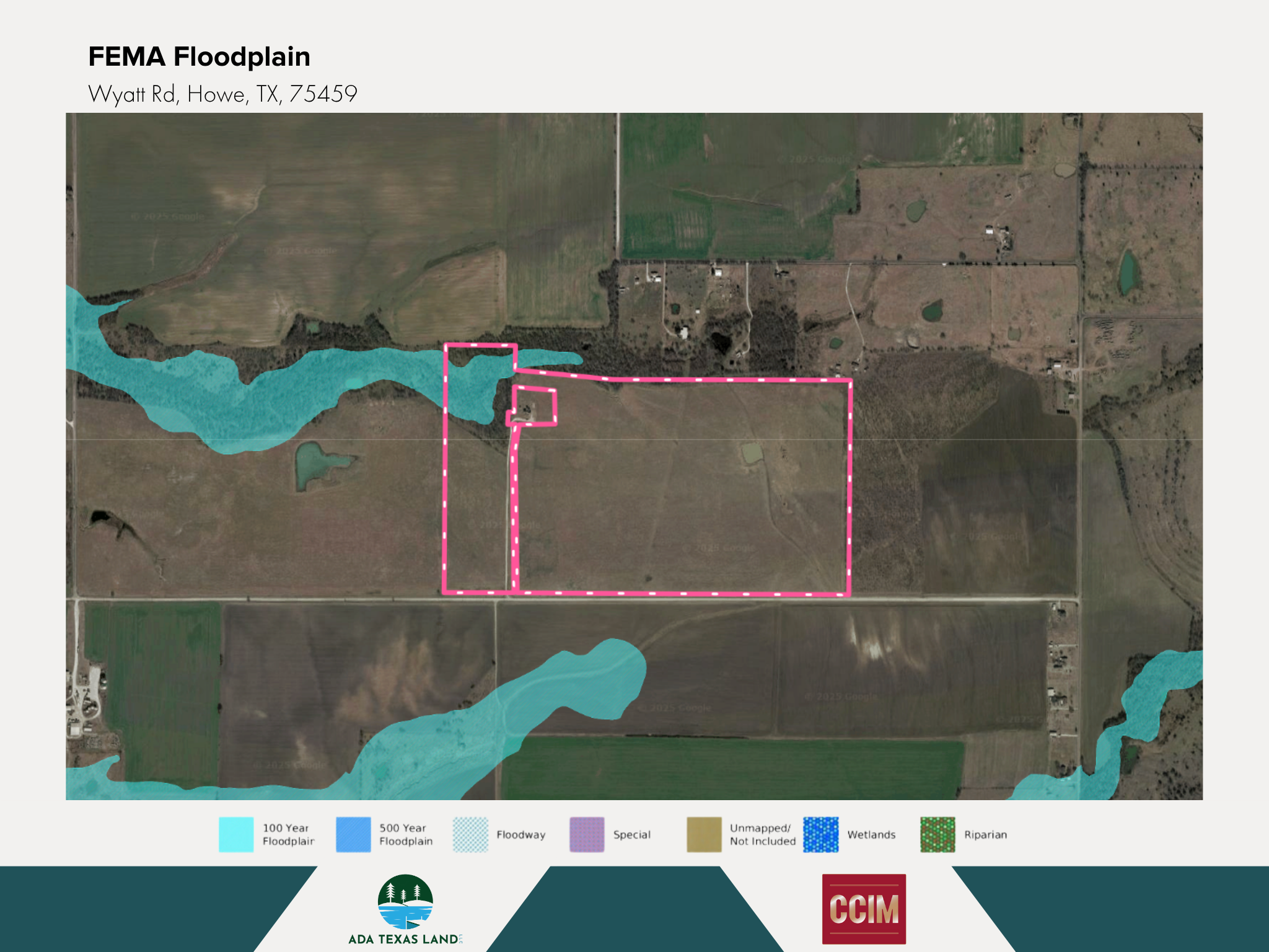 Map showing FEMA floodplain zones and land use around Wyatt Road in Howe, Texas, including floodways, wetlands, riparian areas, and damaged land sections outlined in pink.