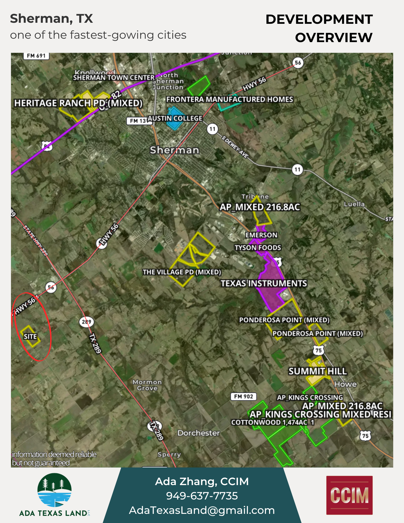 Map of Sherman, Texas with development overview, highlighting areas such as historic sites, residential, commercial, and mixed-use zones, including labels for Heritage Ranch, Austin College, and Ponderosa Point.