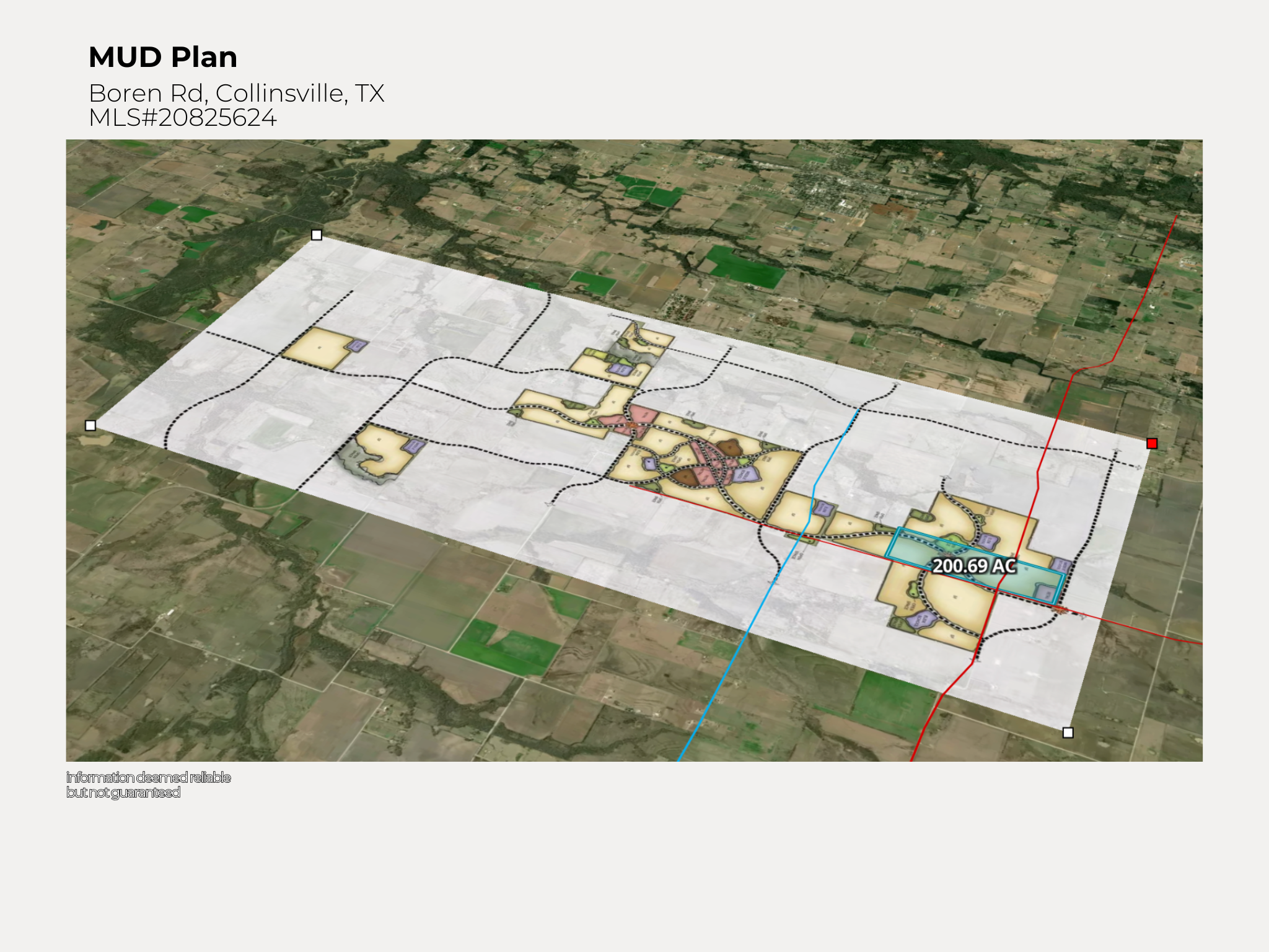 Aerial map of a land development plan showing property boundaries, roads, and designated areas, with a label indicating 200.69 acres near Boren Road in Collinsville, Texas.