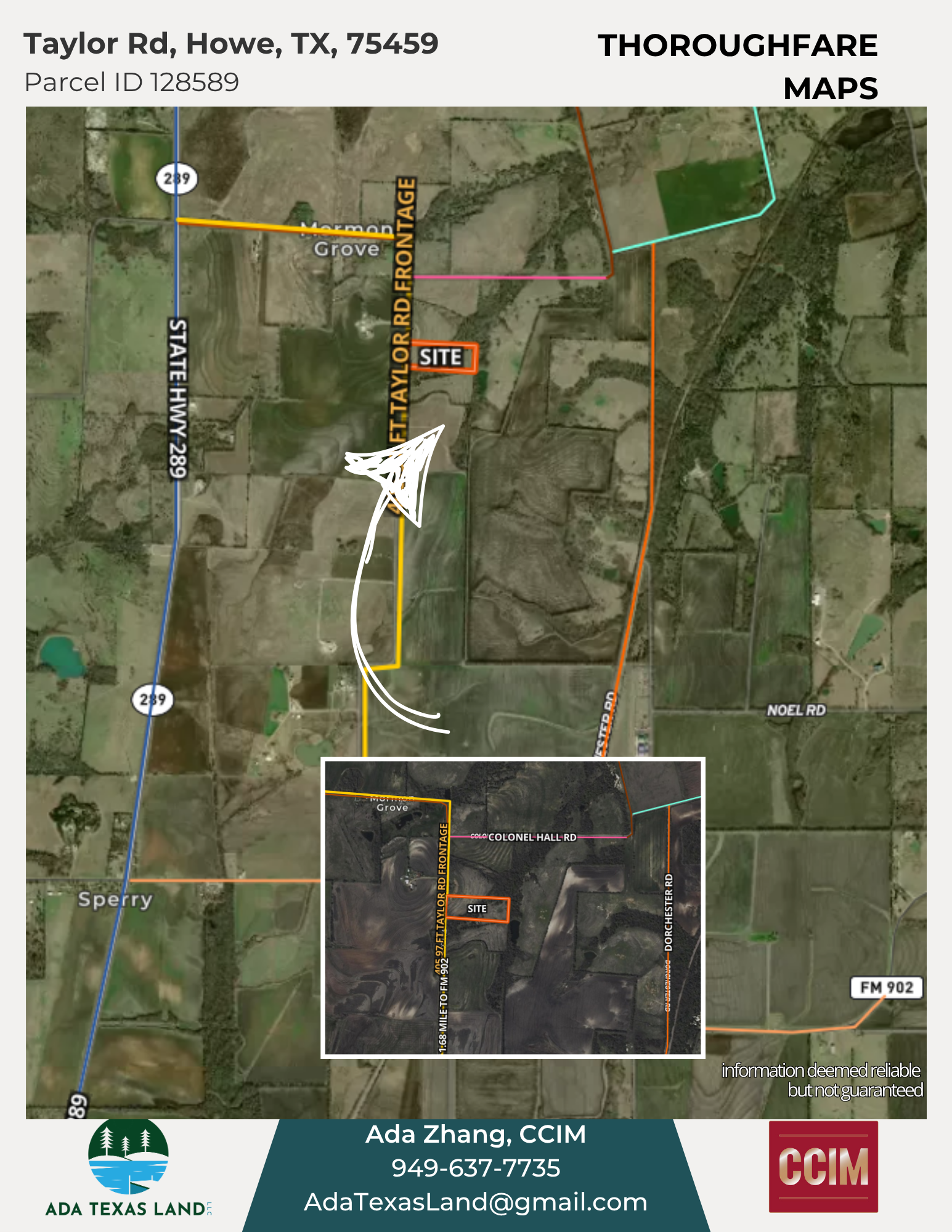 Map showing the location of a property parcel at Taylor Road in Howe, Texas, with nearby roads including State Highway 289, Dorchster Road, Noel Road, and Colonel Hall Road. The property site is marked with an orange boundary and an inset close-up ma