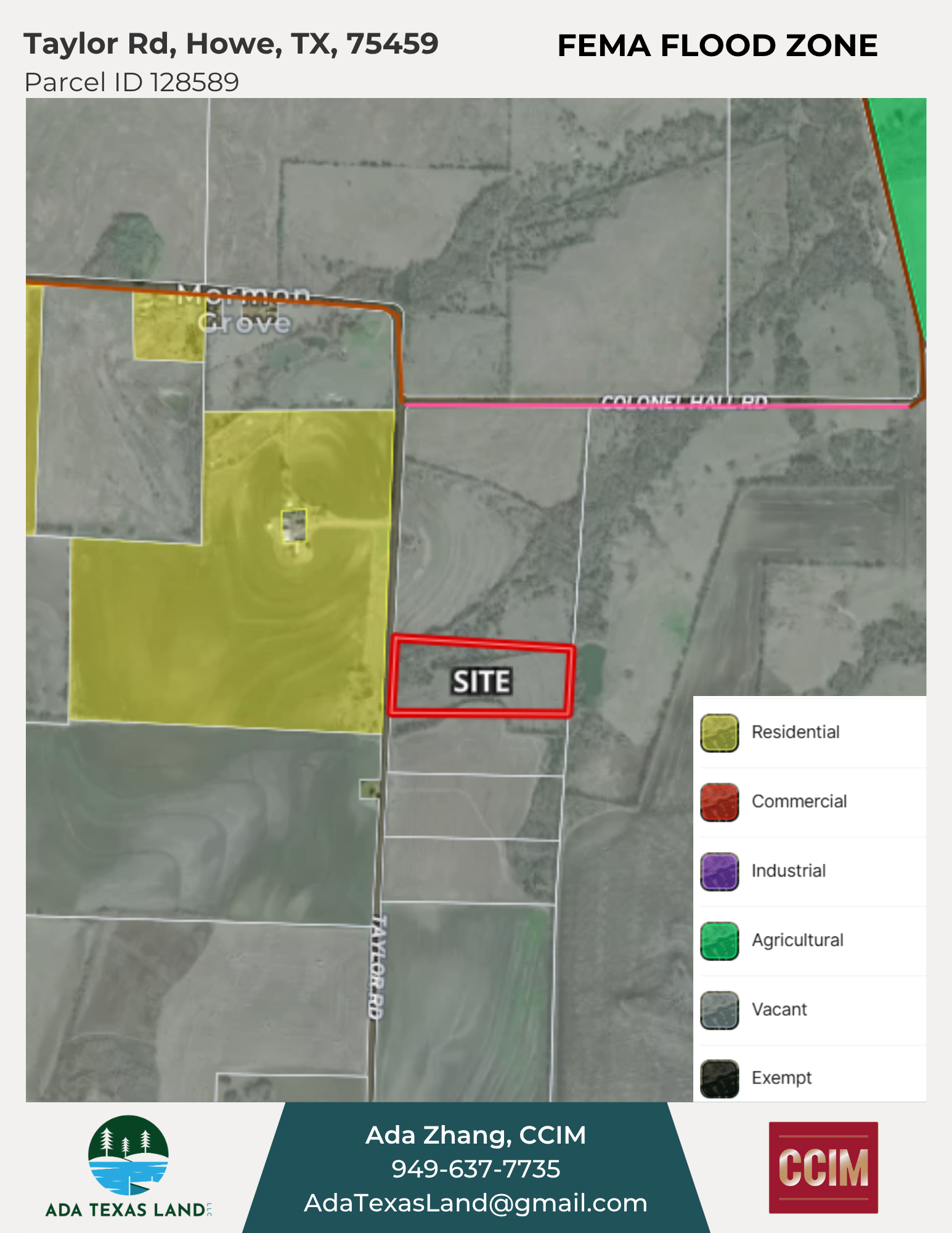 Map showing a property in Howe, Texas, marked as a site within the FEMA flood zone. The map includes parcel boundaries, roads, and color-coded land use categories, with the site outlined in red and located near a yellow residential area.