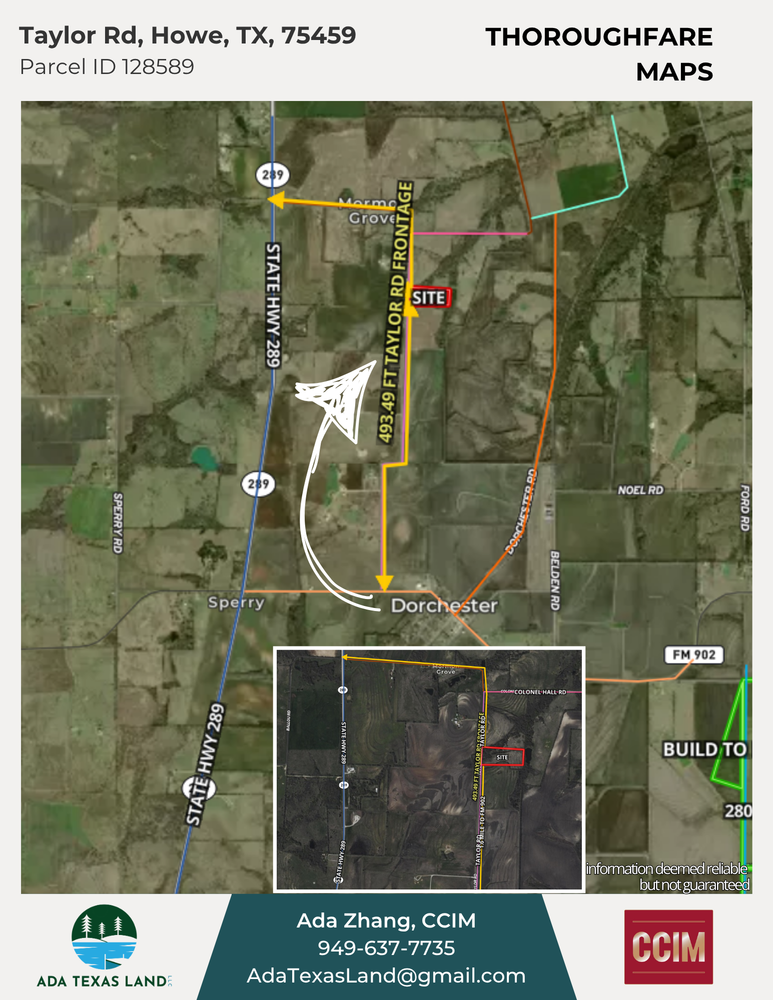 Map showing property location and surrounding roads on Taylor Road in Howe, Texas, with inset aerial view of the land parcel outlined in red near Colonel Hall Road.